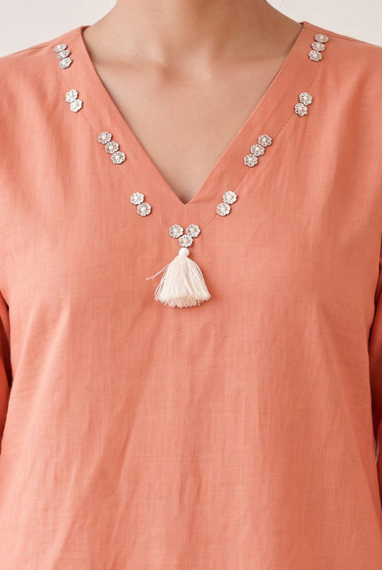 Peach Floral Cotton Flex Embroidered Co-Ord Set