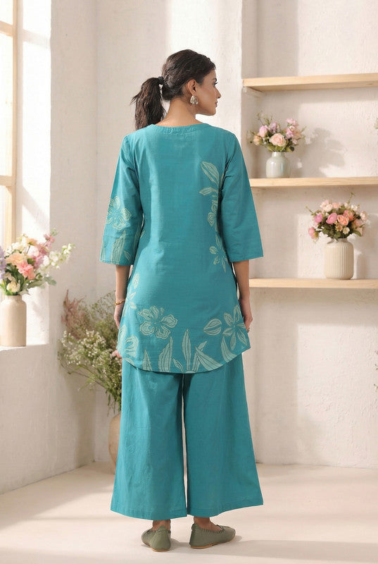 Teal Green Elegant Floral Printed Cotton Co-ord Set