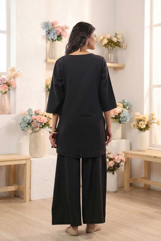 Black Designer Floral Embroidered Cotton Flex Co-ord Set