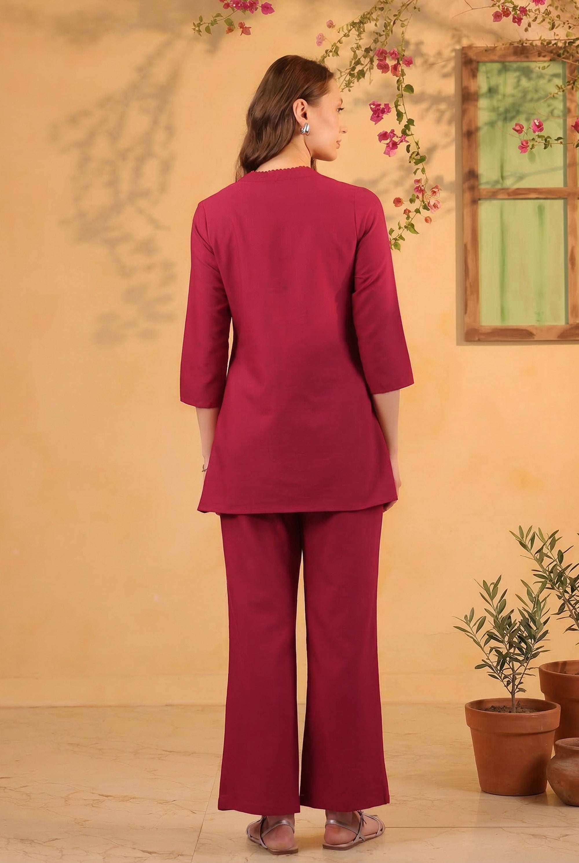 Magenta Wrap Style Placement Embroidered Cotton Flex Two Piece Co-ord Set