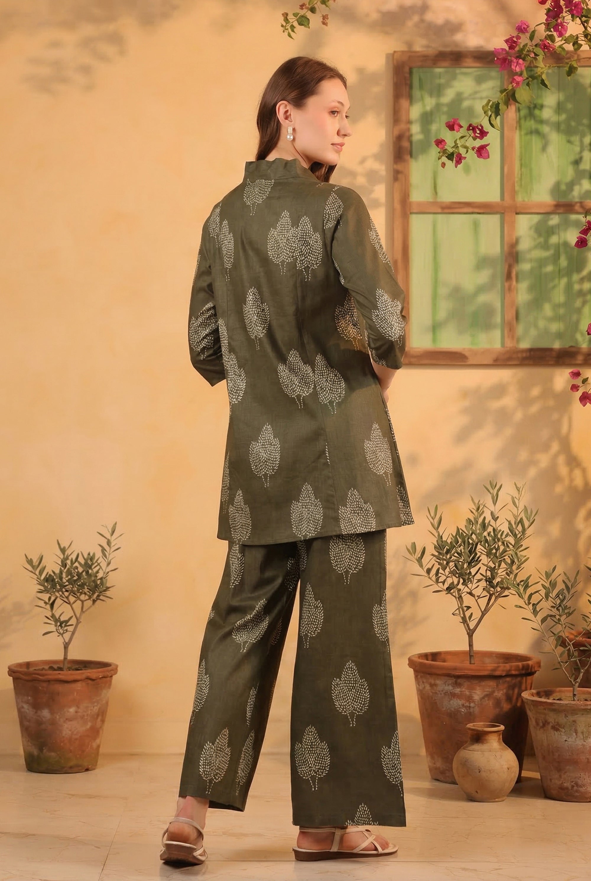 Olive Green Nature Leaf Printed Tunic & Pant Cotton Co-ord Set