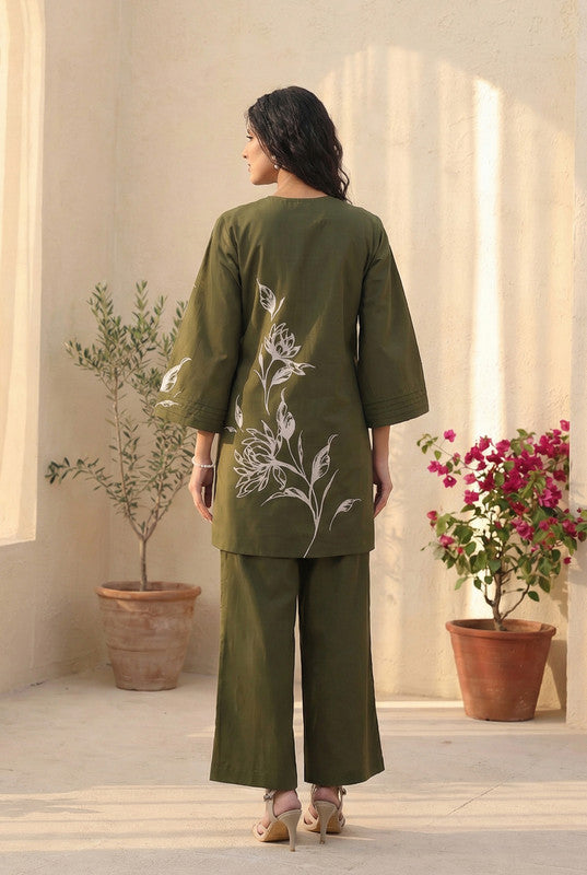 Olive Green Artistic Floral Printed Cotton Co-ord Set