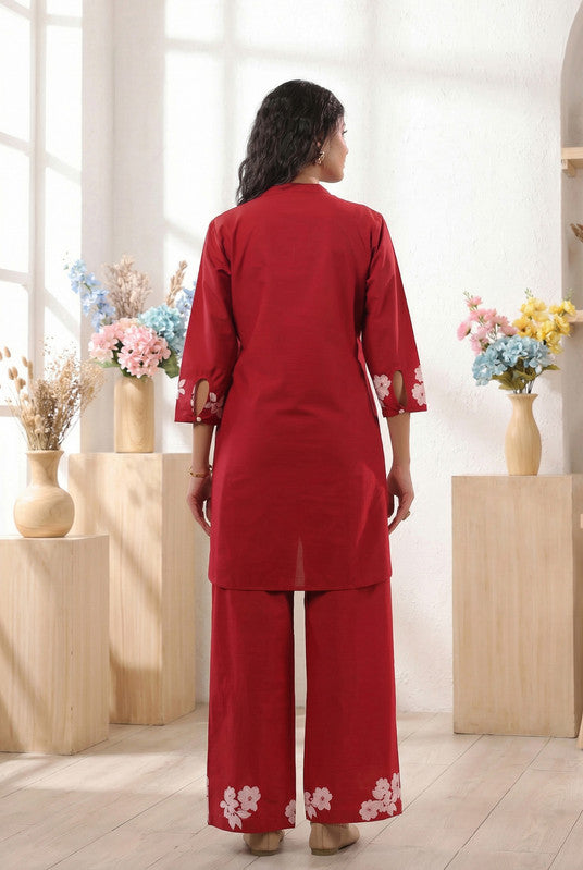 Red Floral Printed Cotton Co-ord Set with Matching Pants