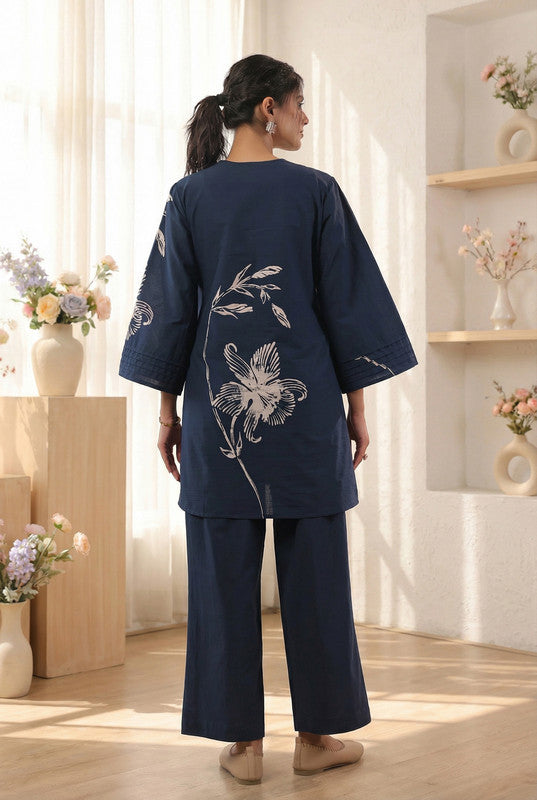 Navy Blue Designer Floral Printed Cotton Co-ord Set
