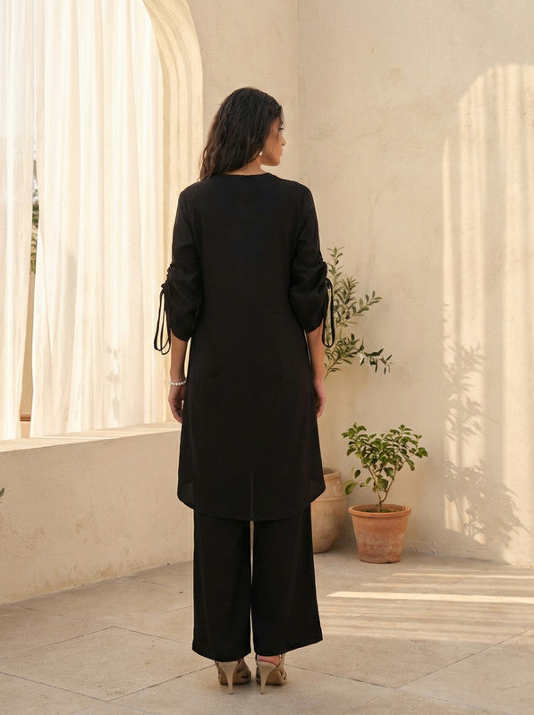 Black Floral Motif Cotton Co-ord Set with Tie-Up Sleeves