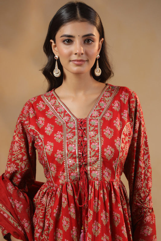 Red Floral Printed Anarkali Kurta Set with Dupatta