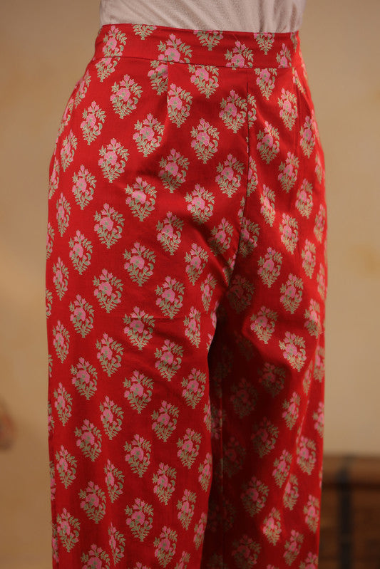 Red Floral Printed Anarkali Kurta Set with Dupatta