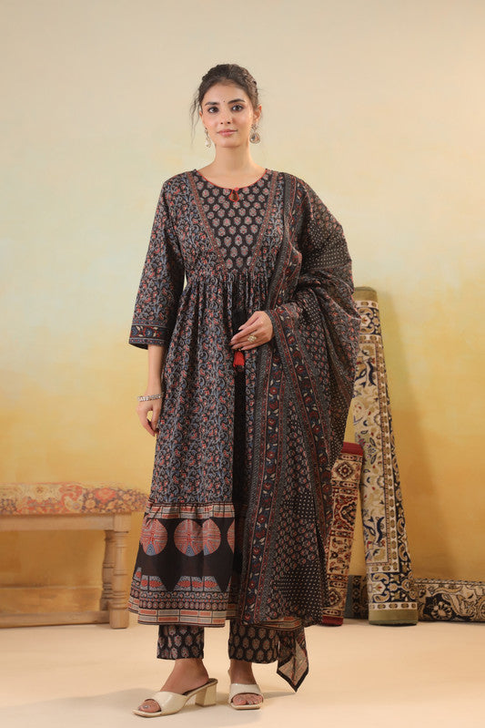 Midnight Black Ajrakh Printed Kurta Set with Pants & Dupatta
