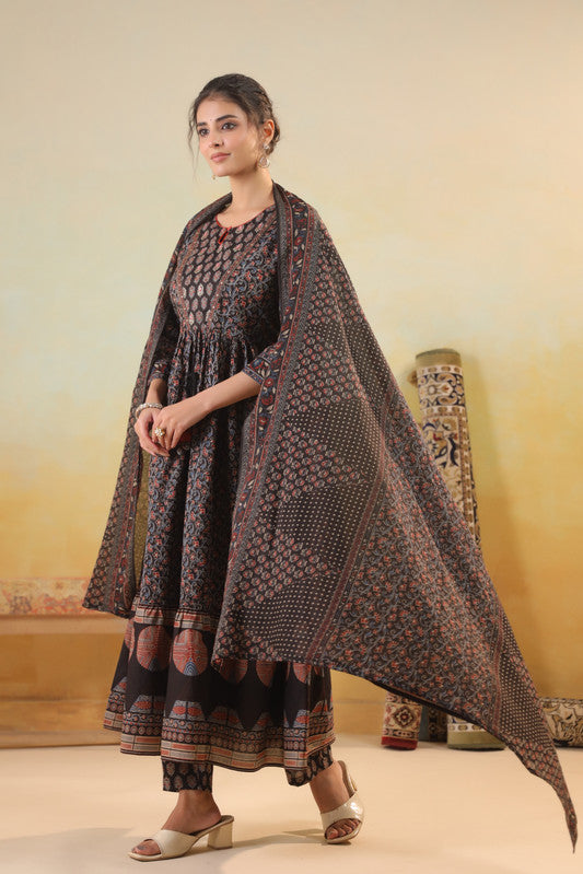 Midnight Black Ajrakh Printed Kurta Set with Pants & Dupatta