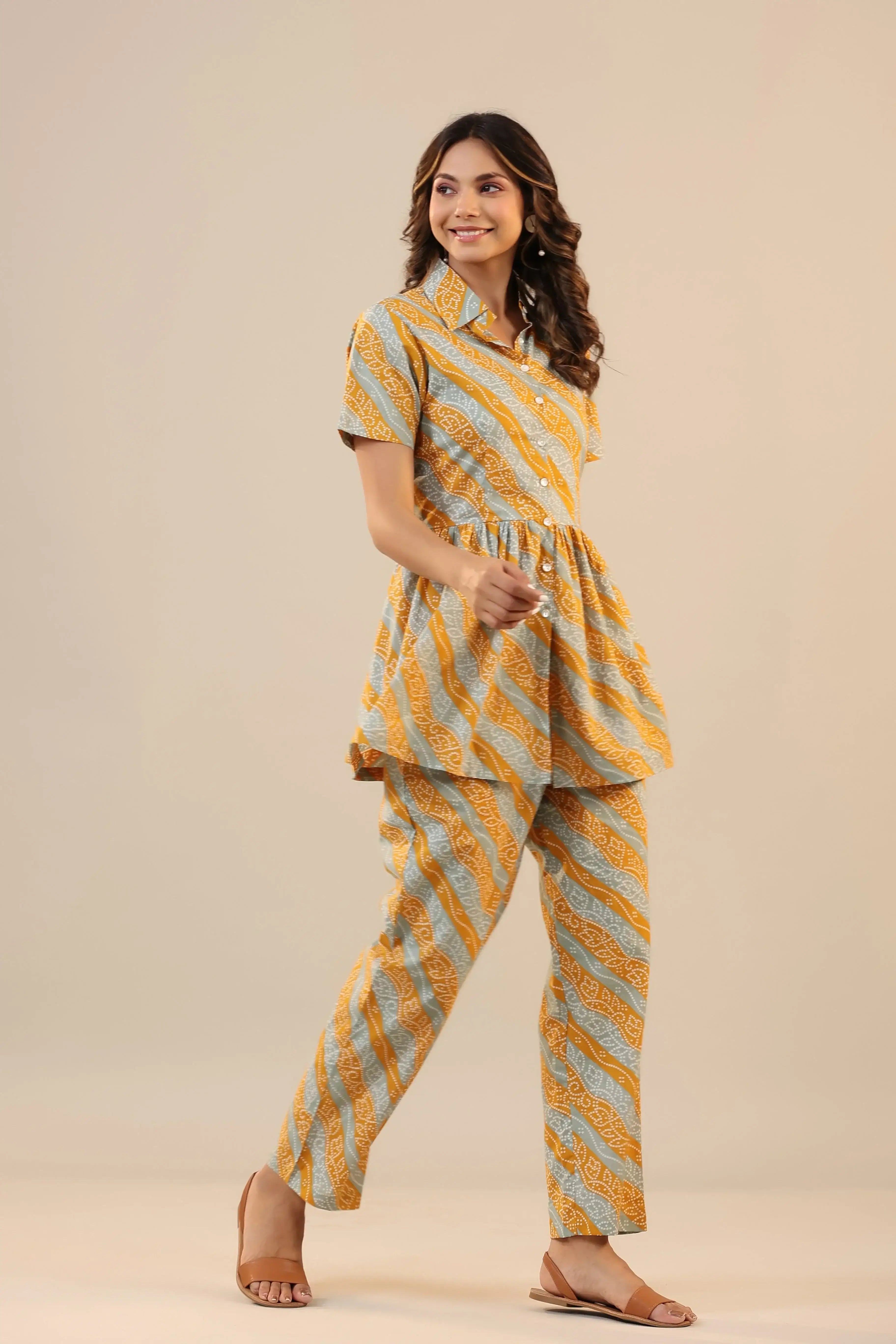 Lehariya with Bandhej on Cotton Peplum Loungewear Top Set