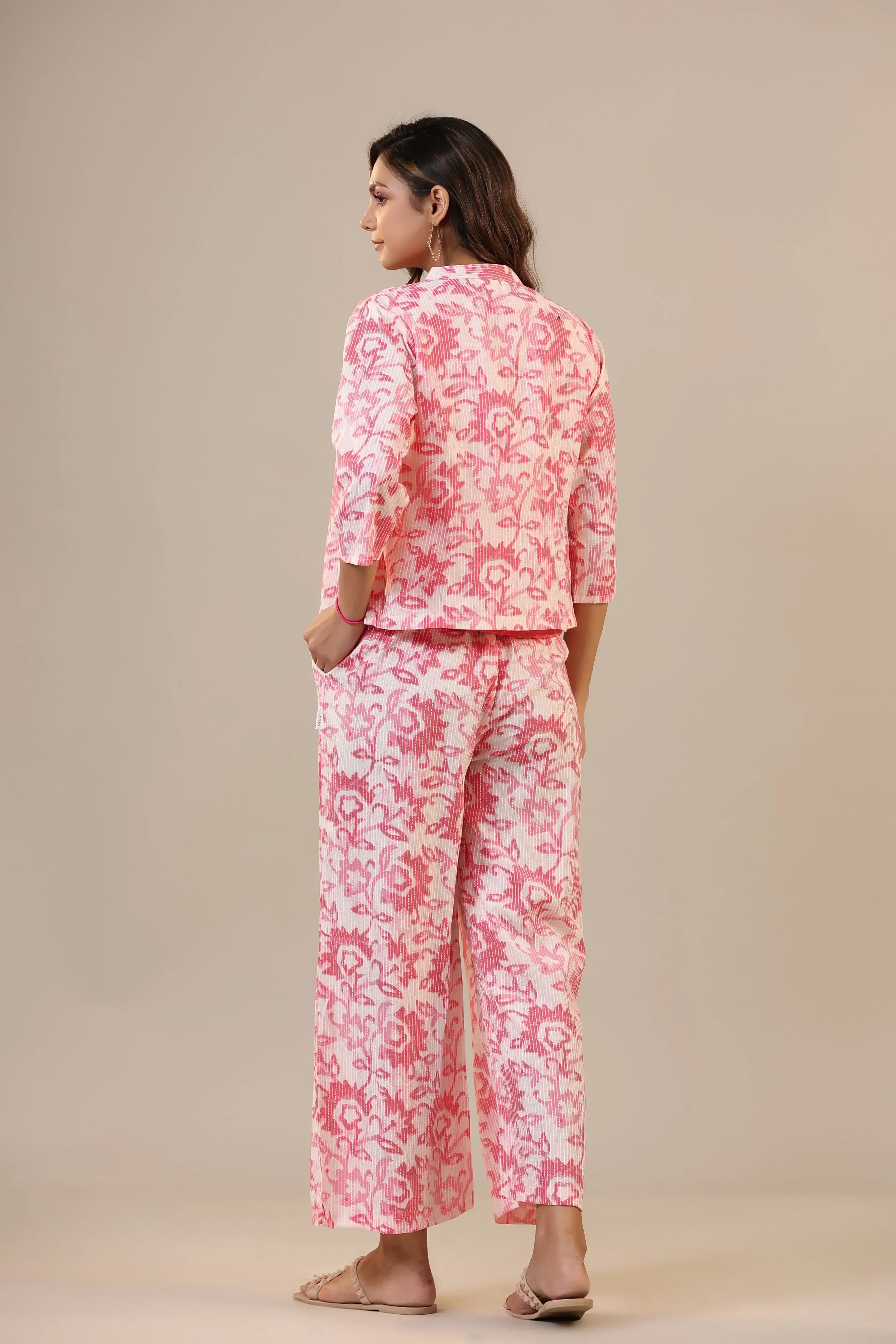Pink Florals With Bandhej on Cotton Three piece Set
