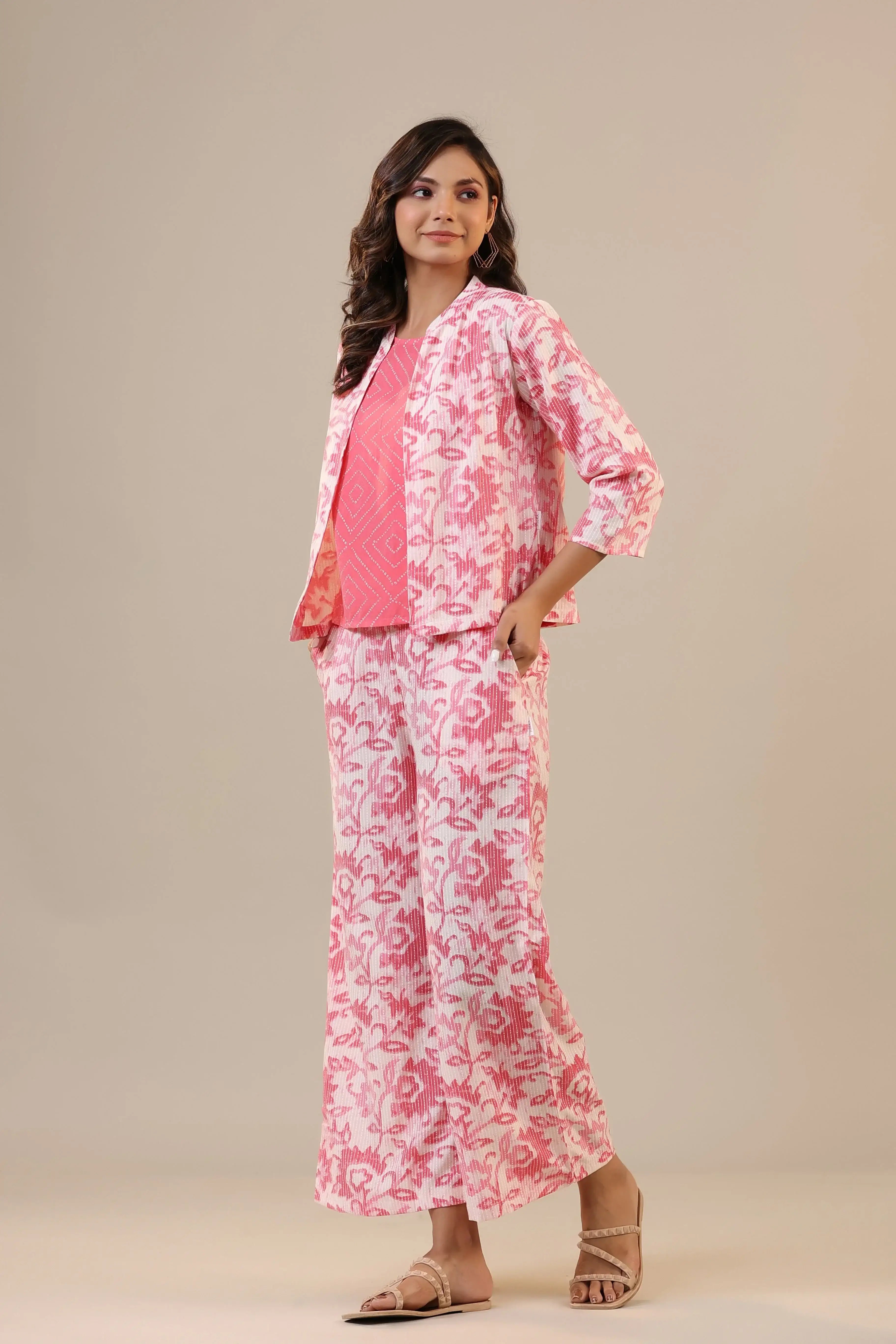 Pink Florals With Bandhej on Cotton Three piece Set