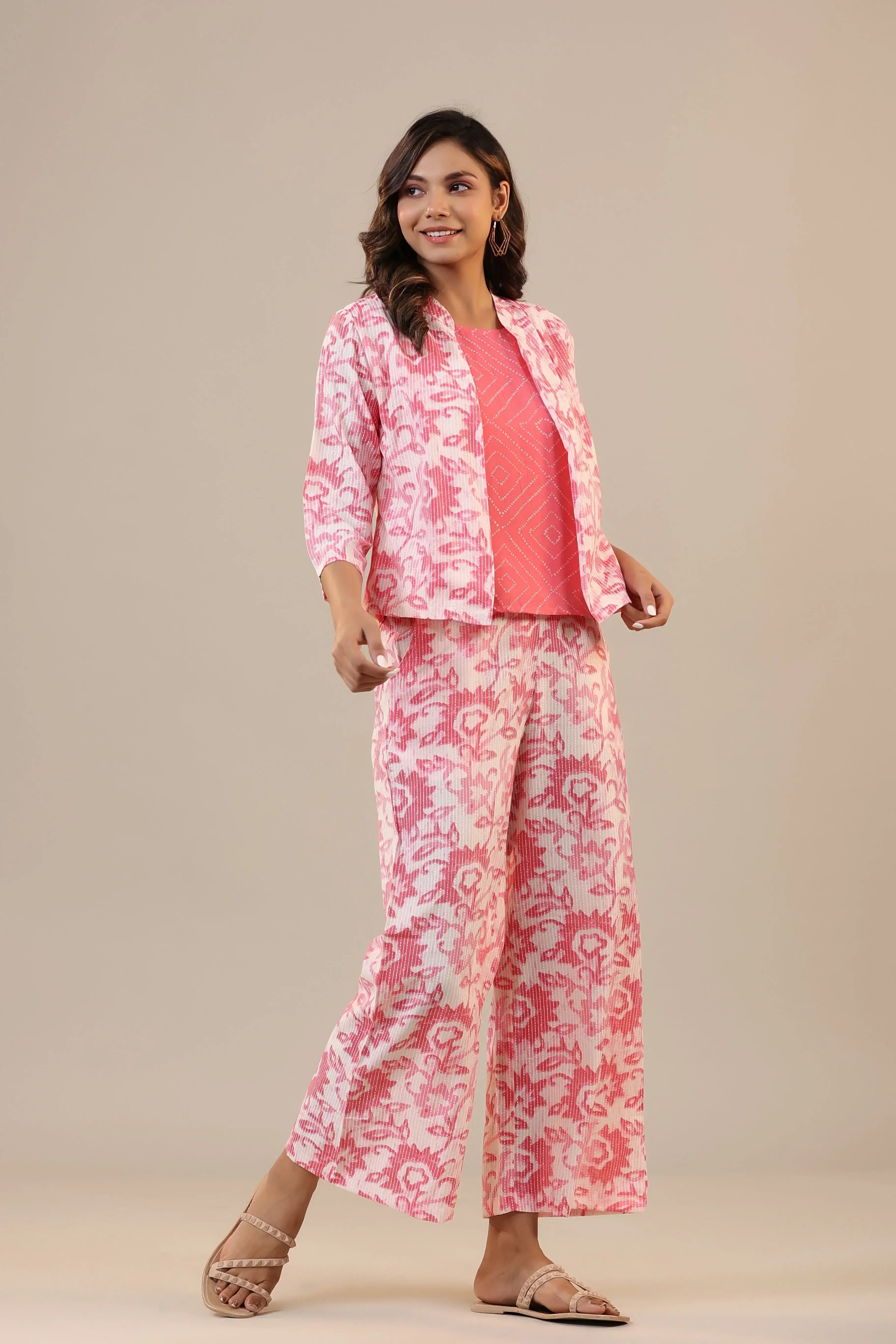 Pink Florals With Bandhej on Cotton Three piece Set