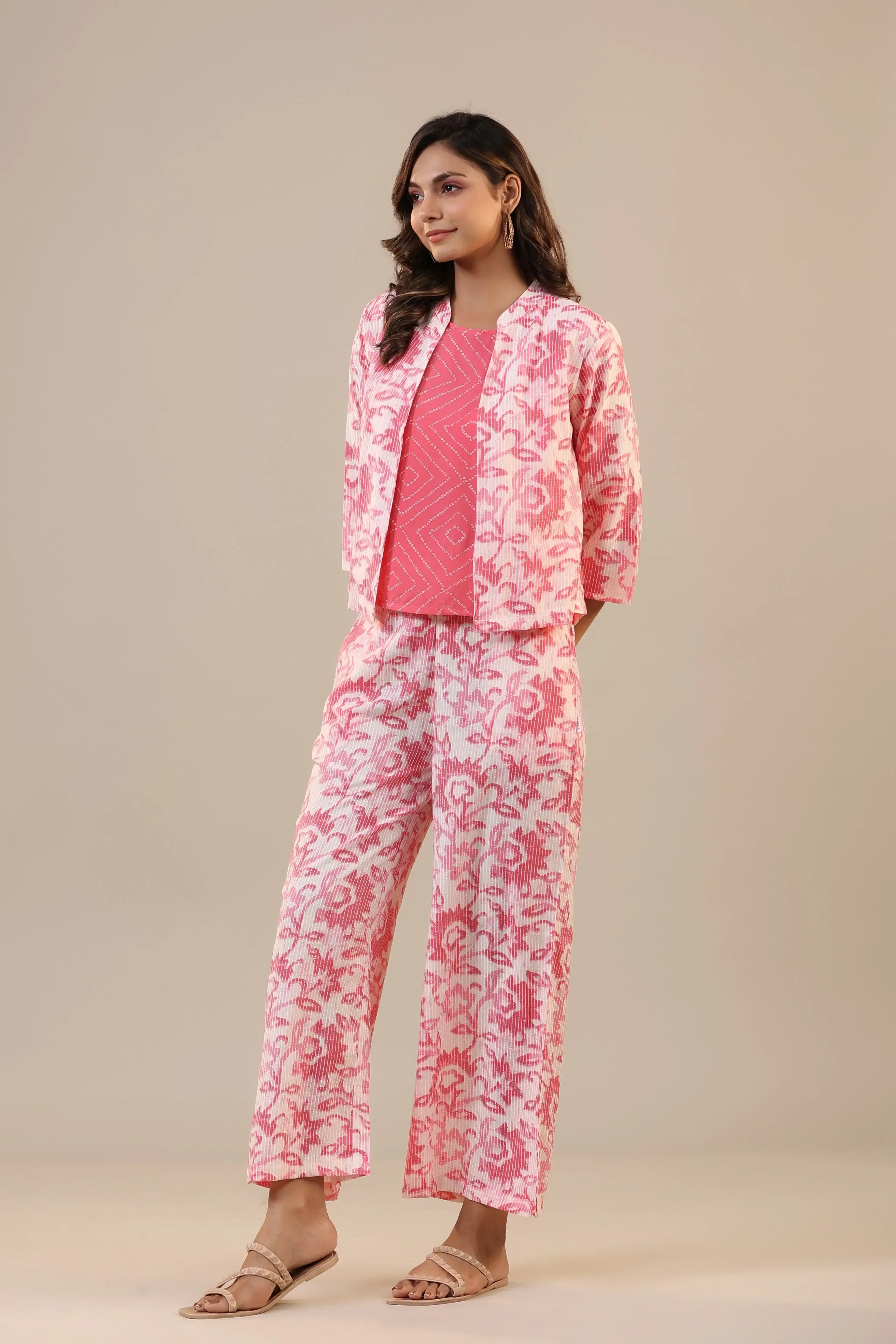 Pink Florals With Bandhej on Cotton Three piece Set