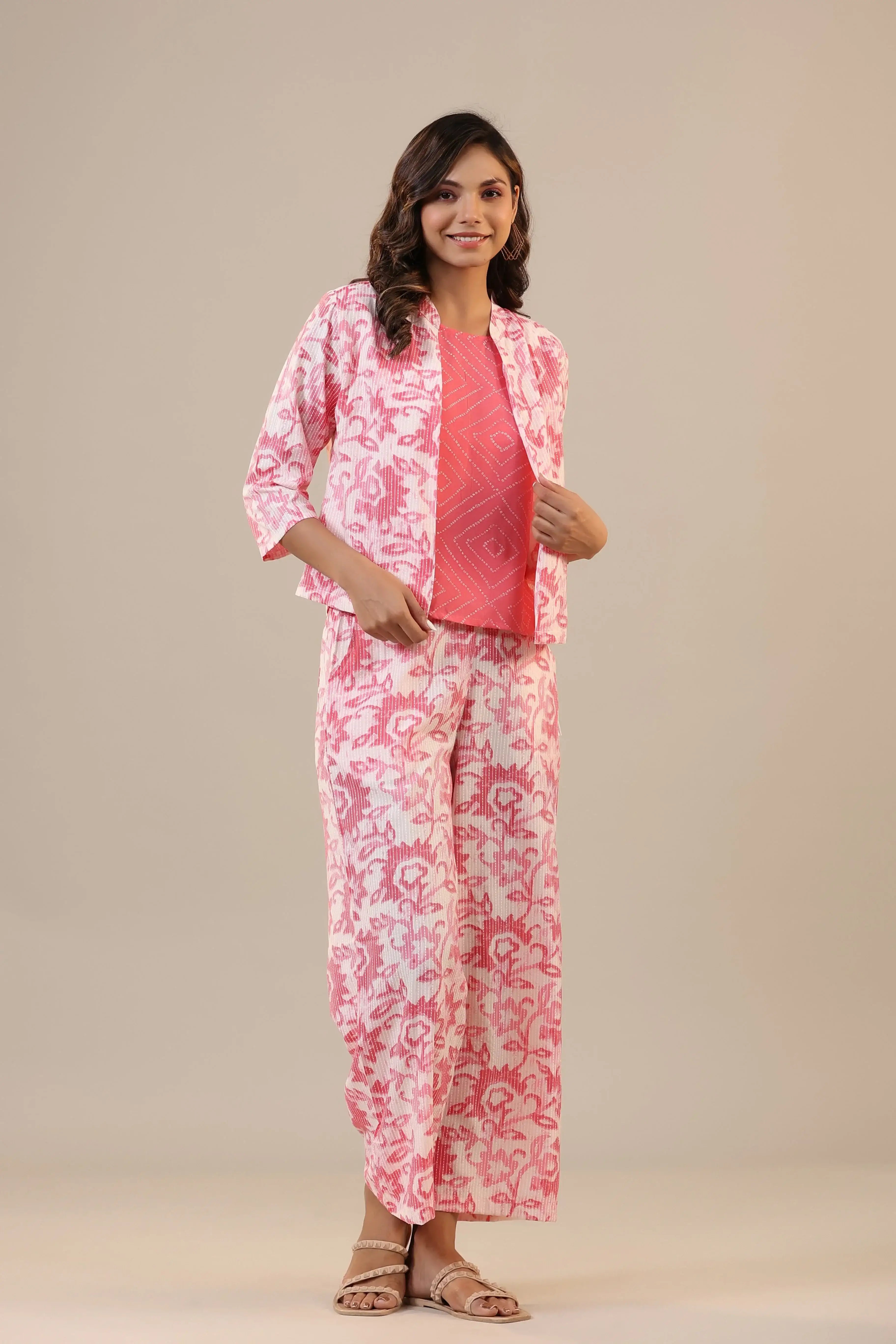 Pink Florals With Bandhej on Cotton Three piece Set