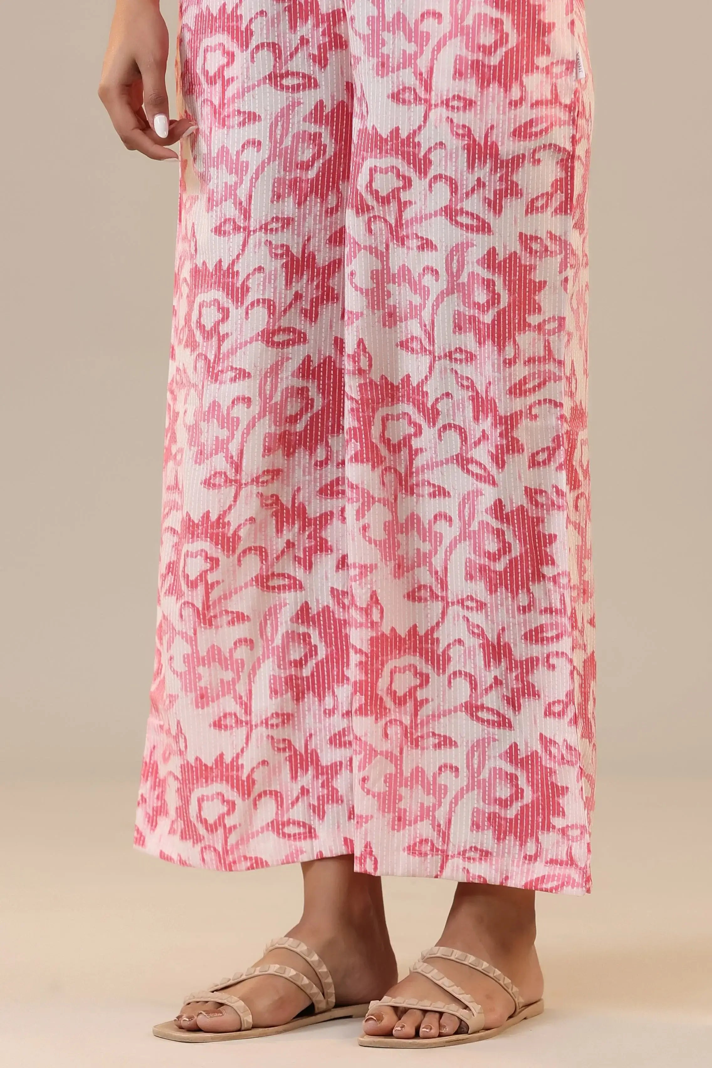 Pink Florals With Bandhej on Cotton Three piece Set