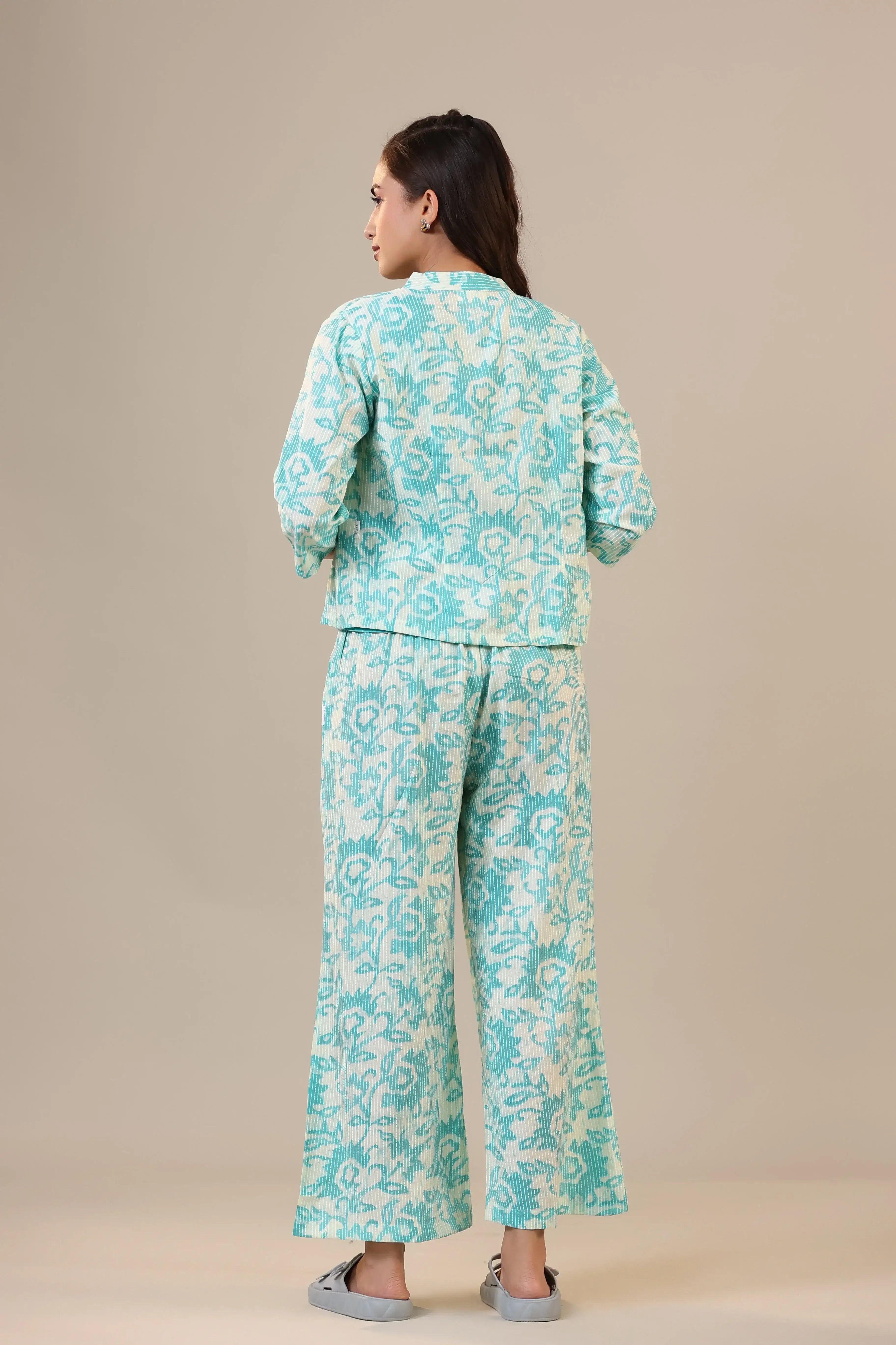 Blue Florals With Bandhej on Cotton Three piece Set