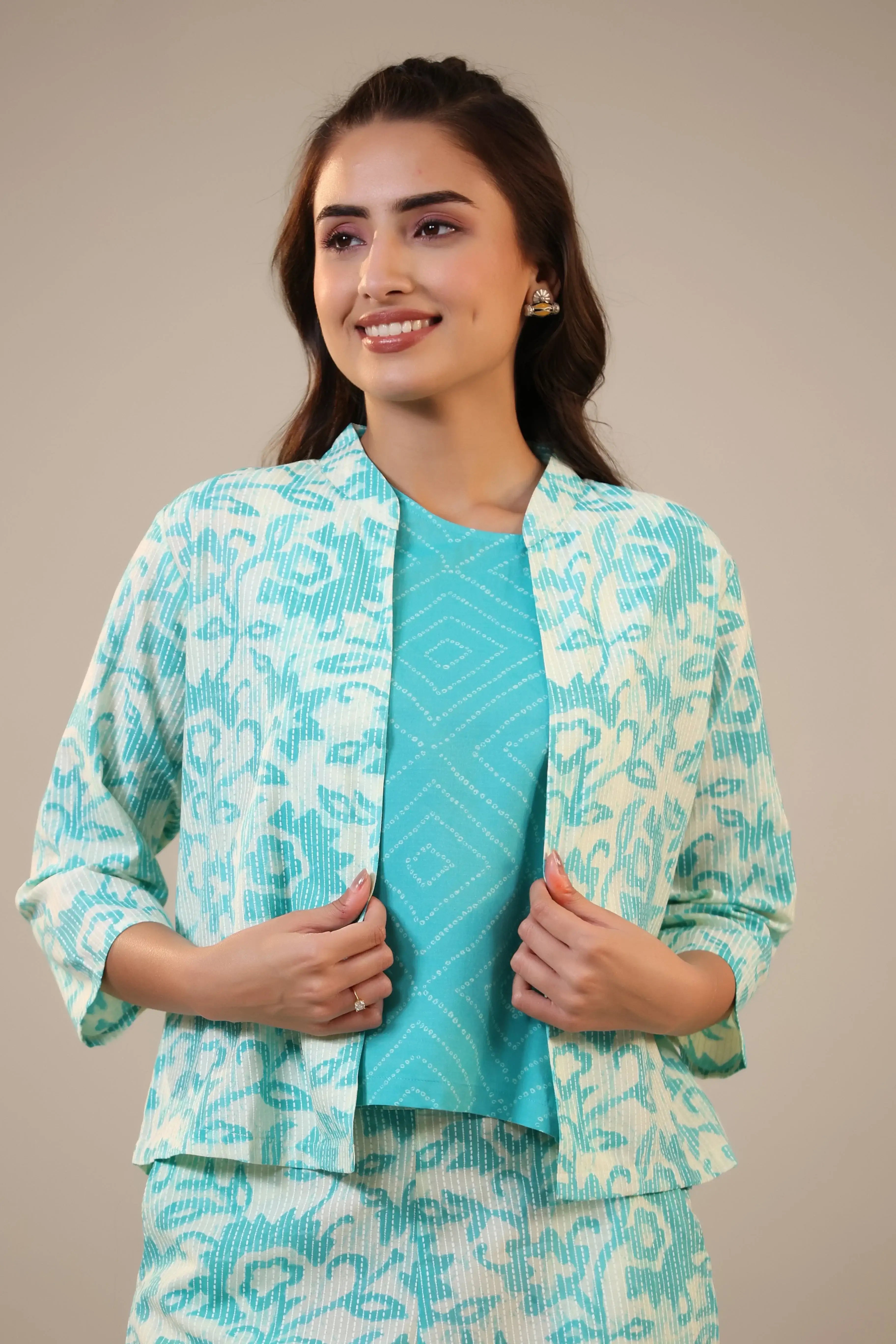 Blue Florals With Bandhej on Cotton Three piece Set