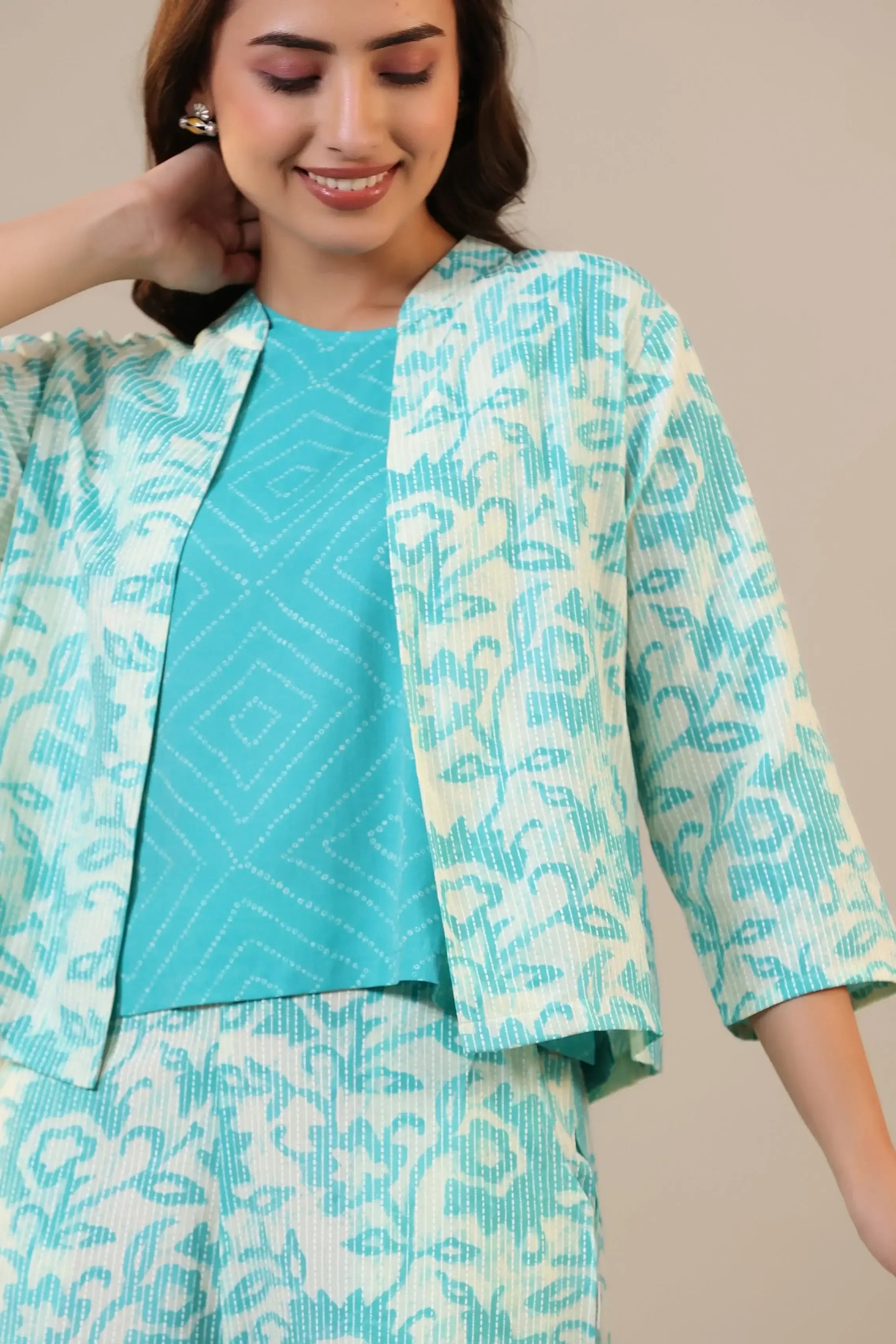 Blue Florals With Bandhej on Cotton Three piece Set