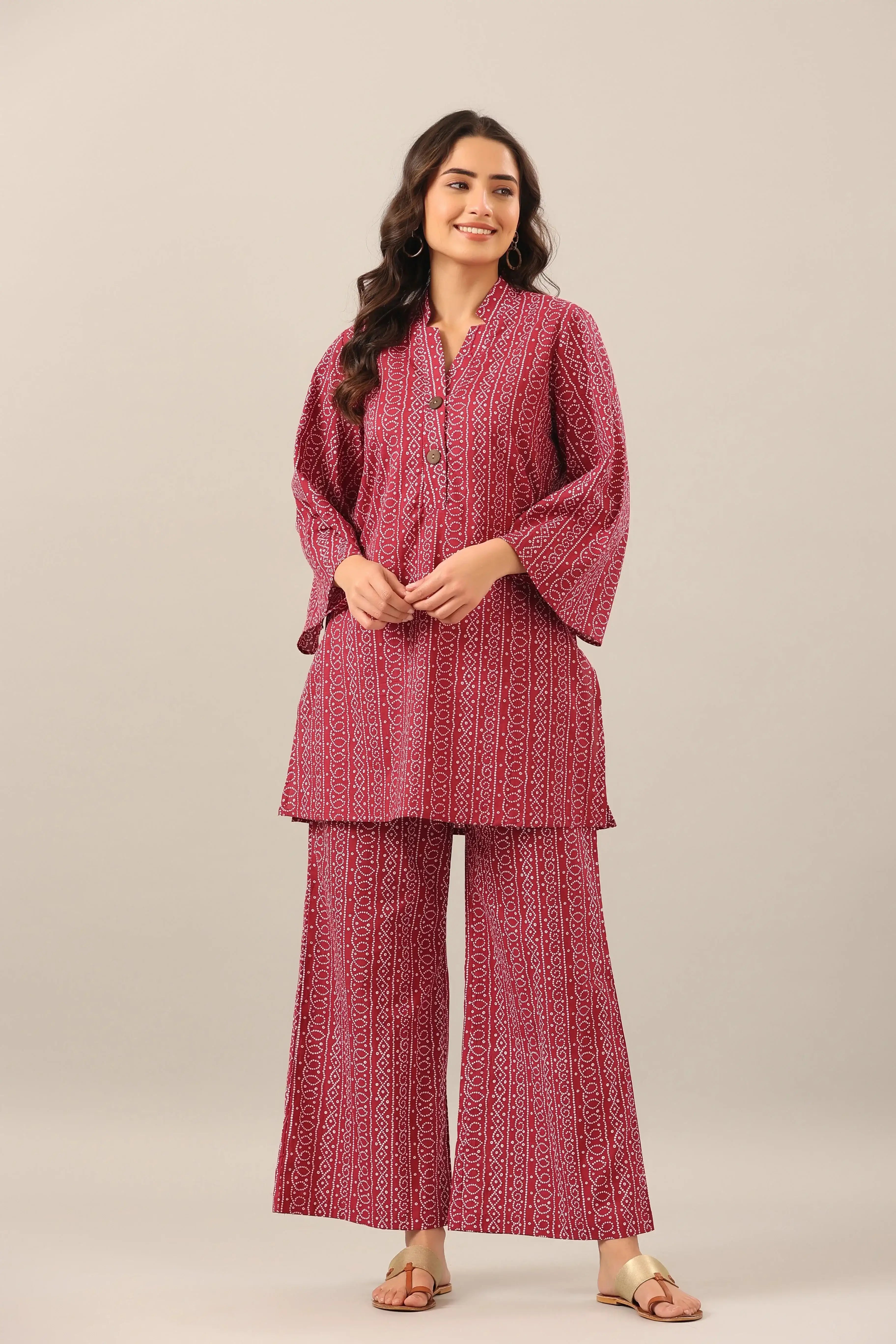 Bandhej on Maroon Cotton Palazzo Loungewear Set