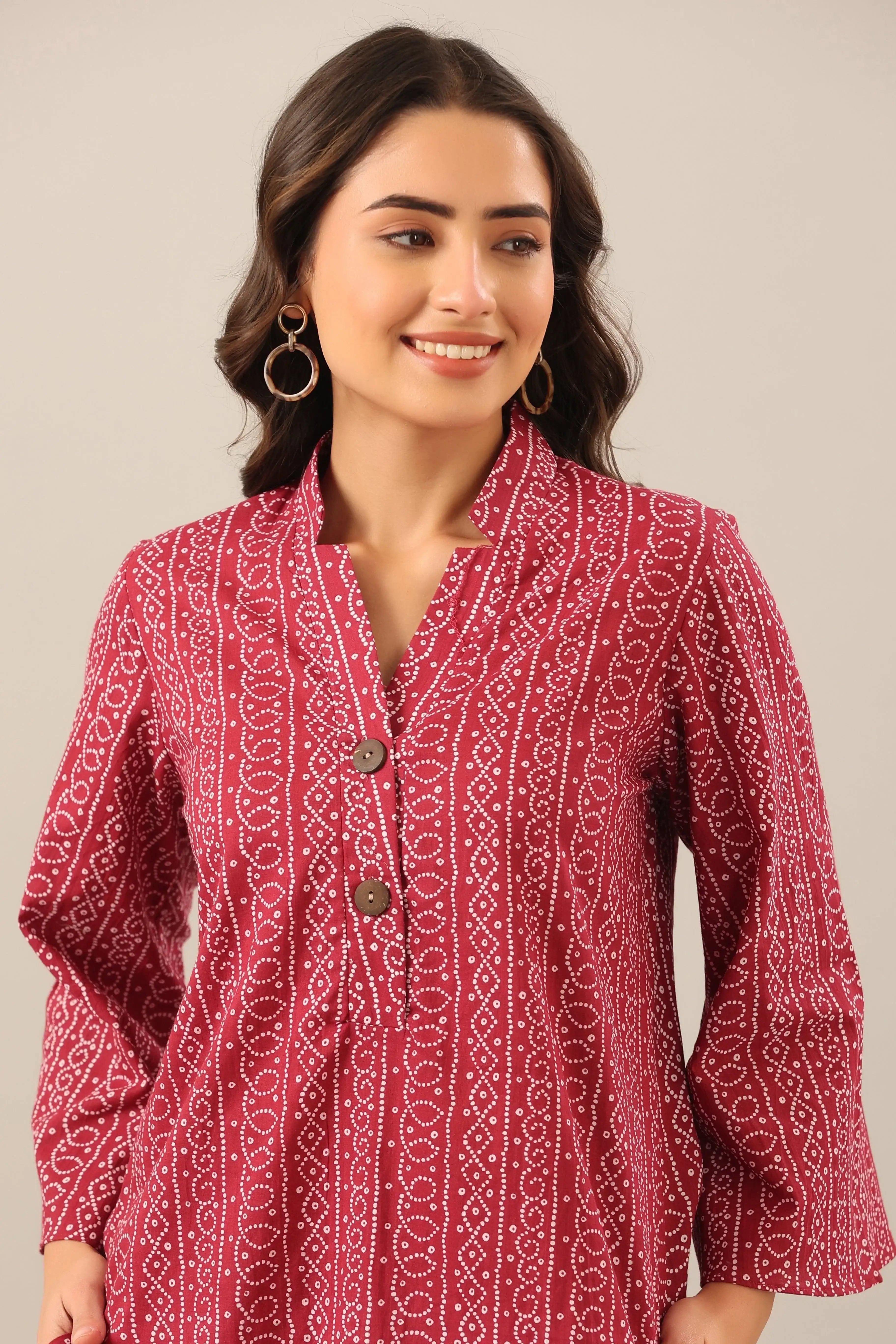 Bandhej on Maroon Cotton Palazzo Loungewear Set