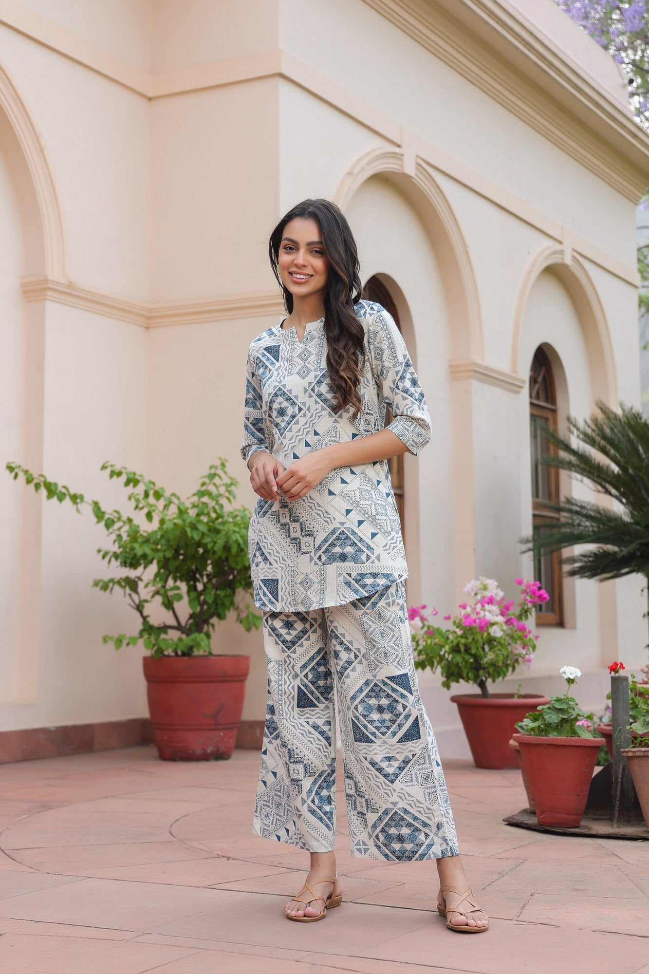 Pastel Puzzle Cotton Flex Palazzo Loungewear Set