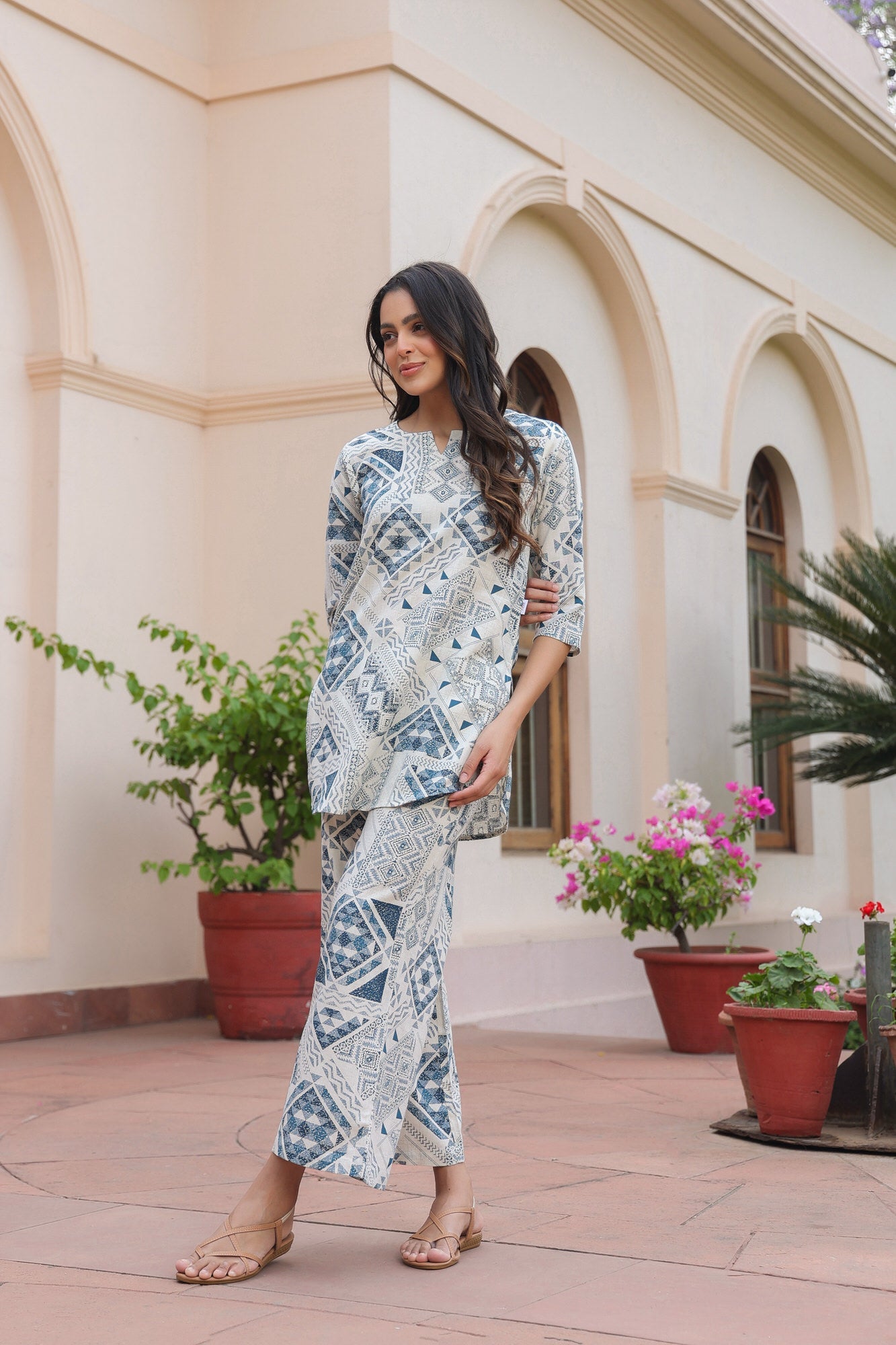 Pastel Puzzle Cotton Flex Palazzo Loungewear Set