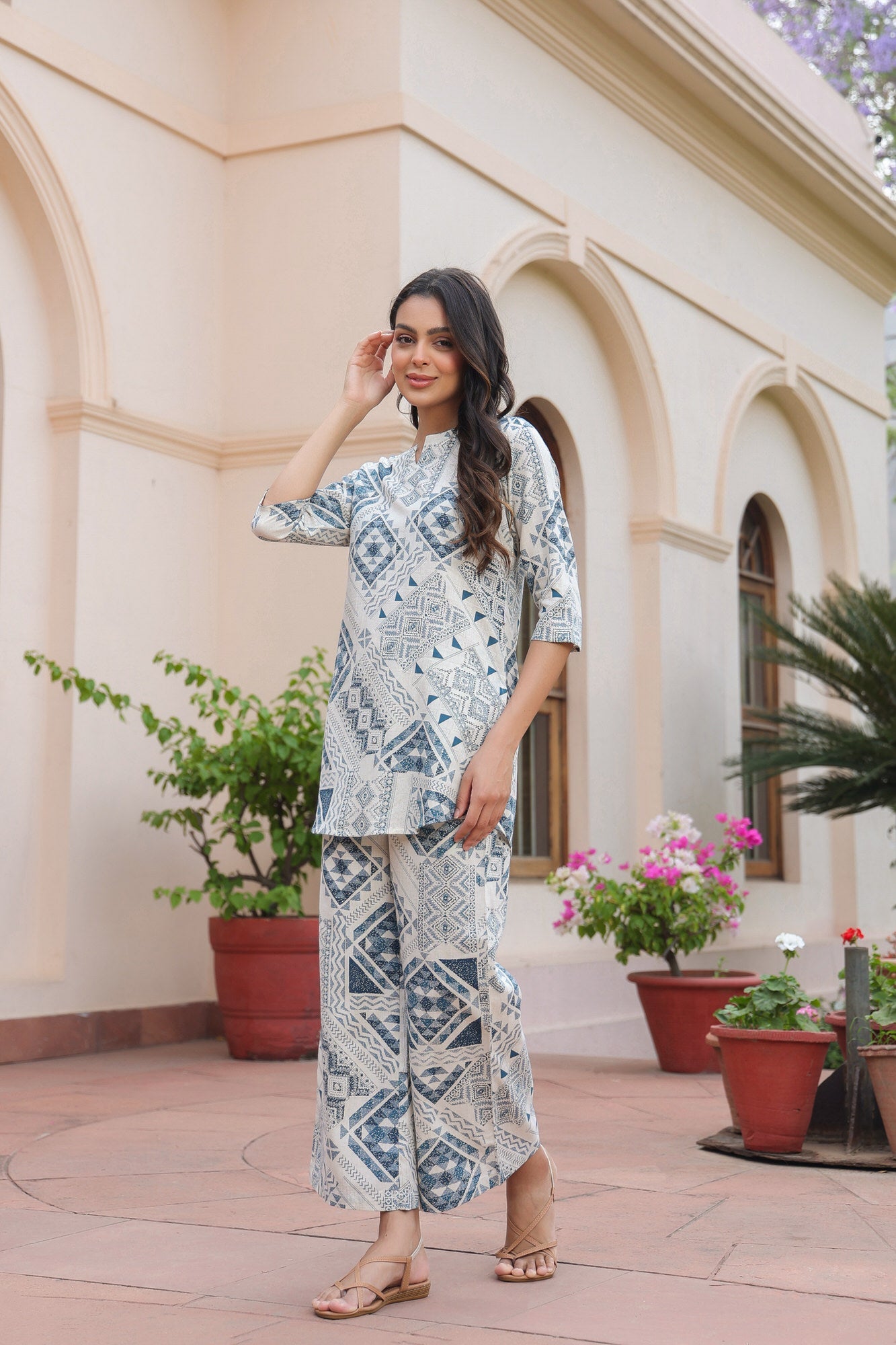 Pastel Puzzle Cotton Flex Palazzo Loungewear Set