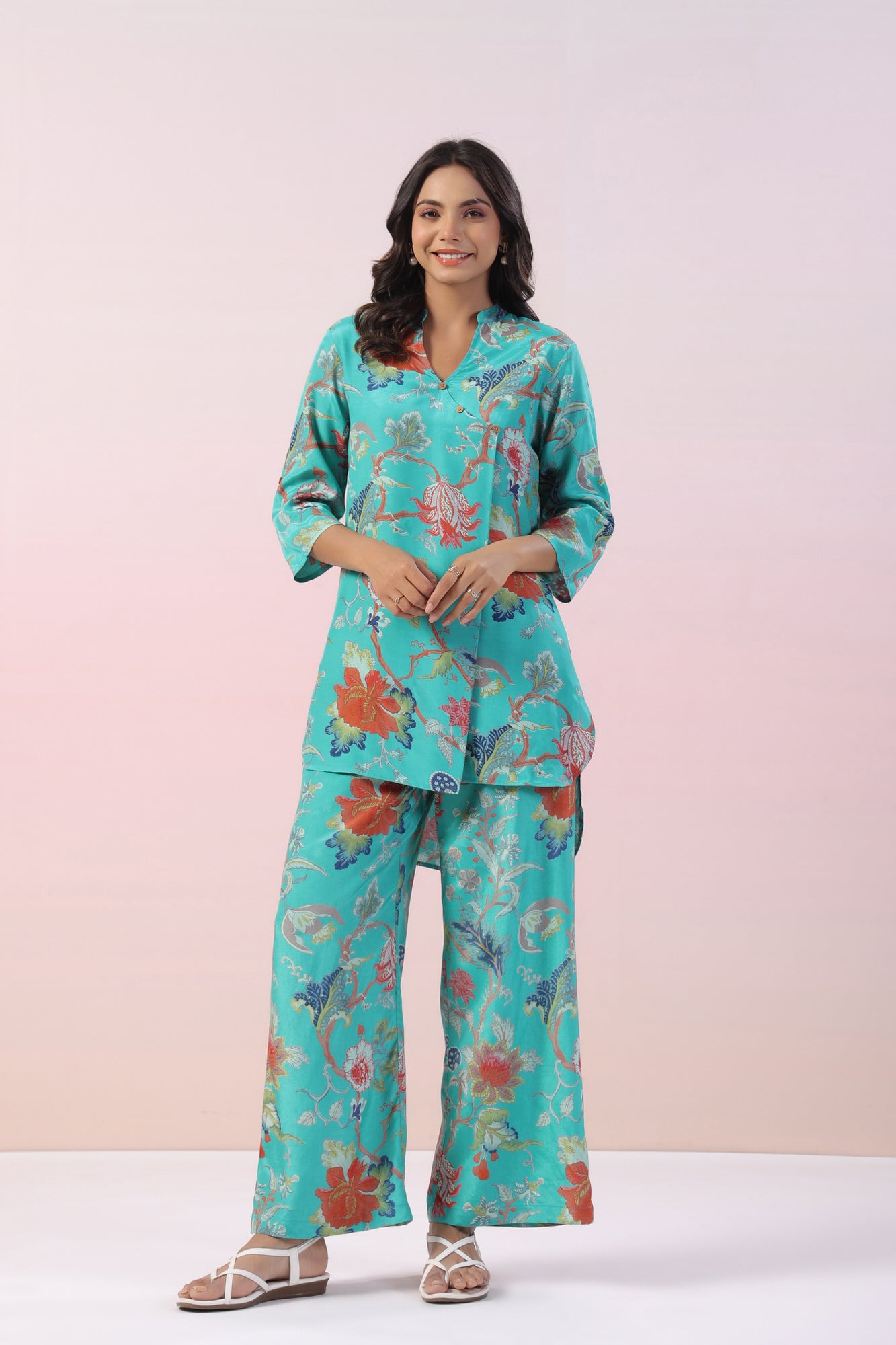 Misty Ocean Floral Russian Silk Co-ord Set