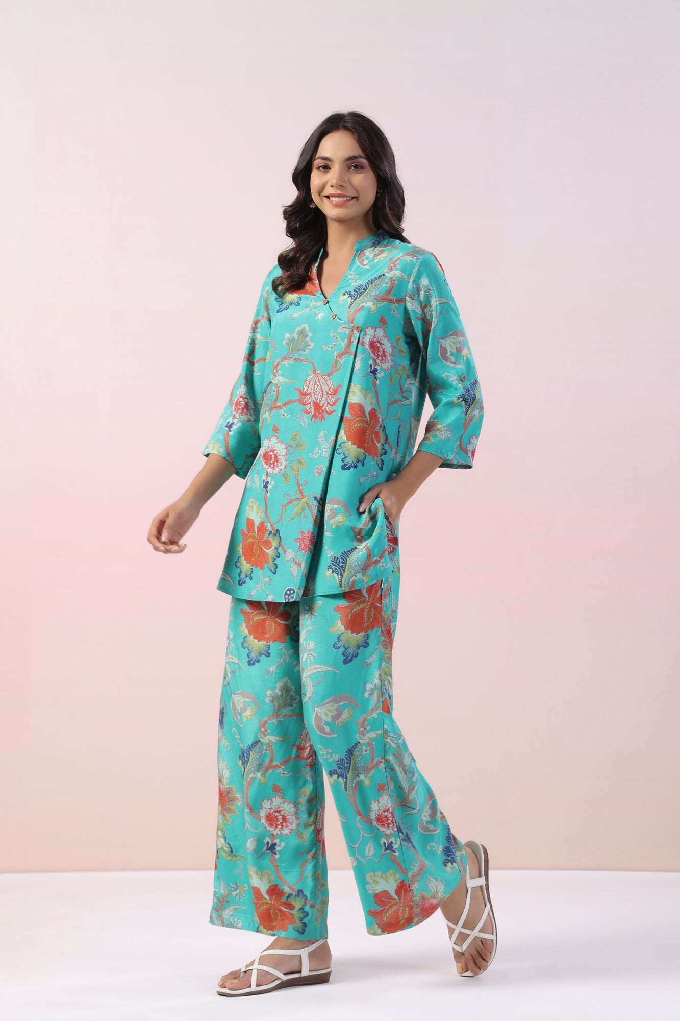 Misty Ocean Floral Russian Silk Co-ord Set