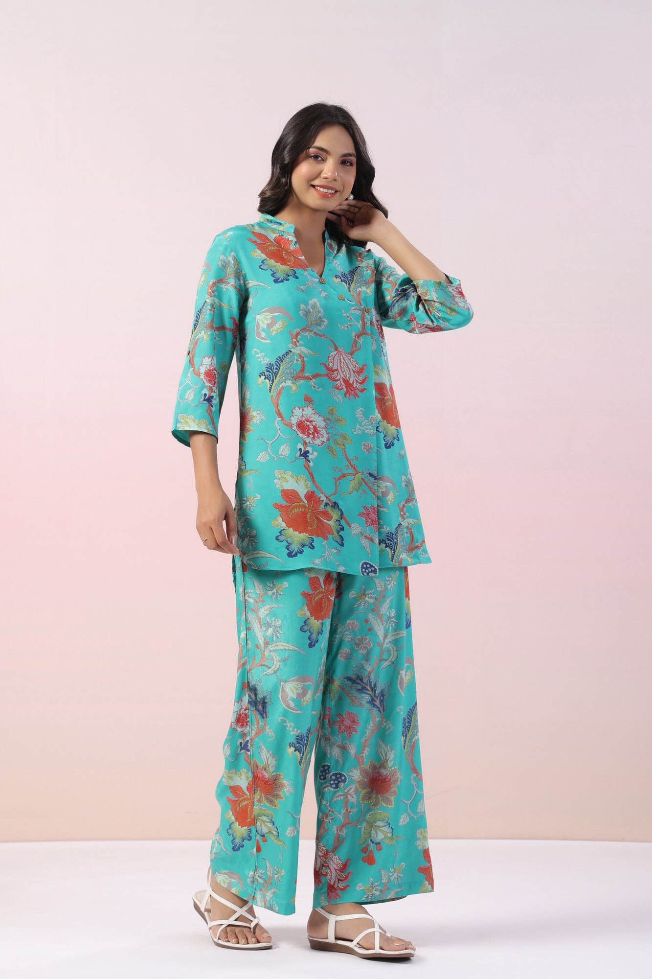 Misty Ocean Floral Russian Silk Co-ord Set