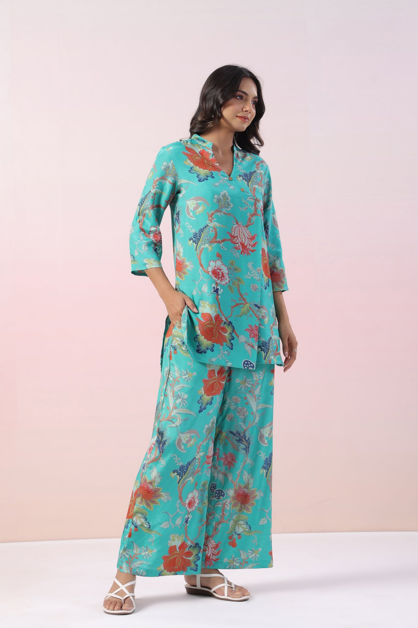 Misty Ocean Floral Russian Silk Co-ord Set