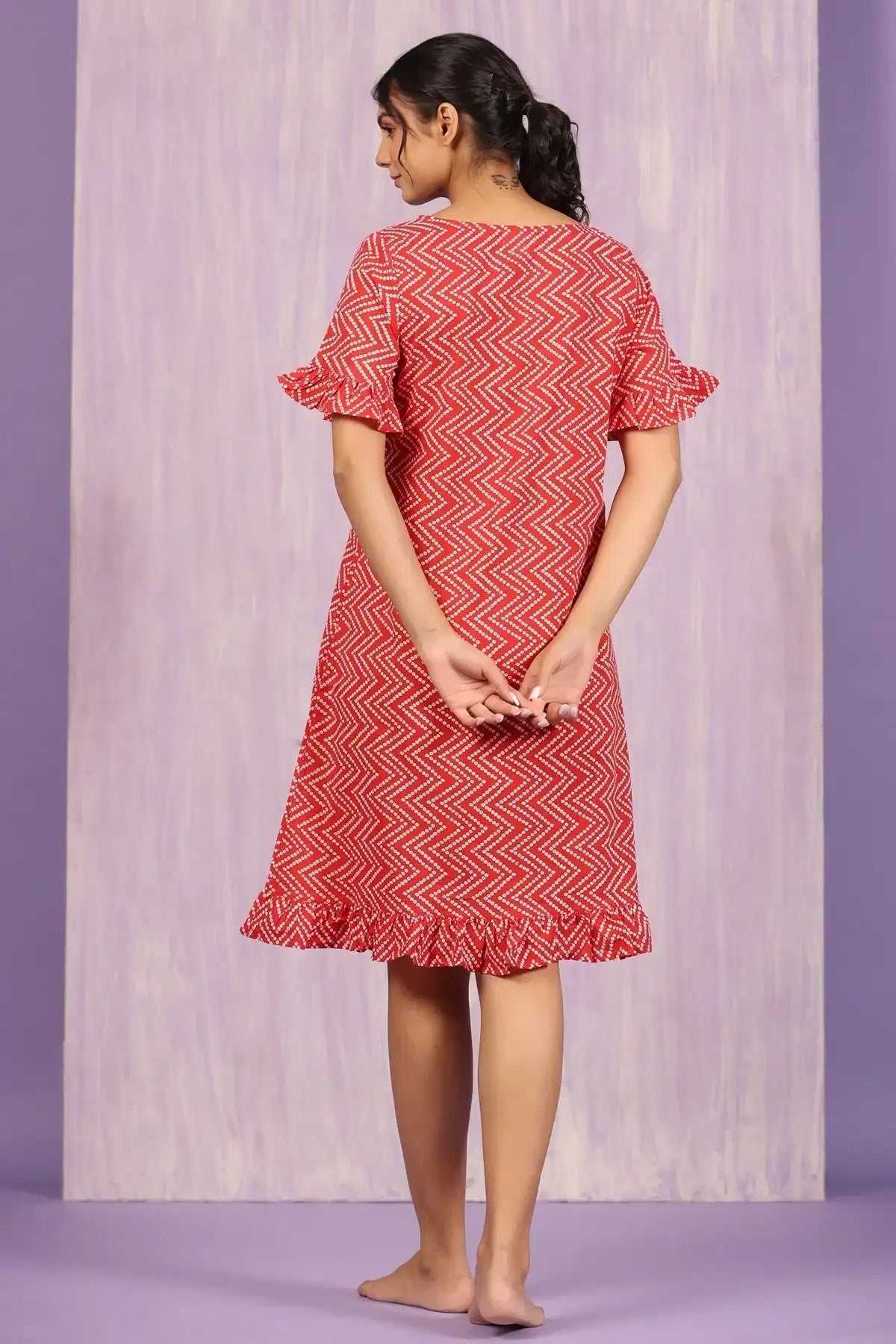 Patterned Bandhej on Red Cotton T-shirt Dress