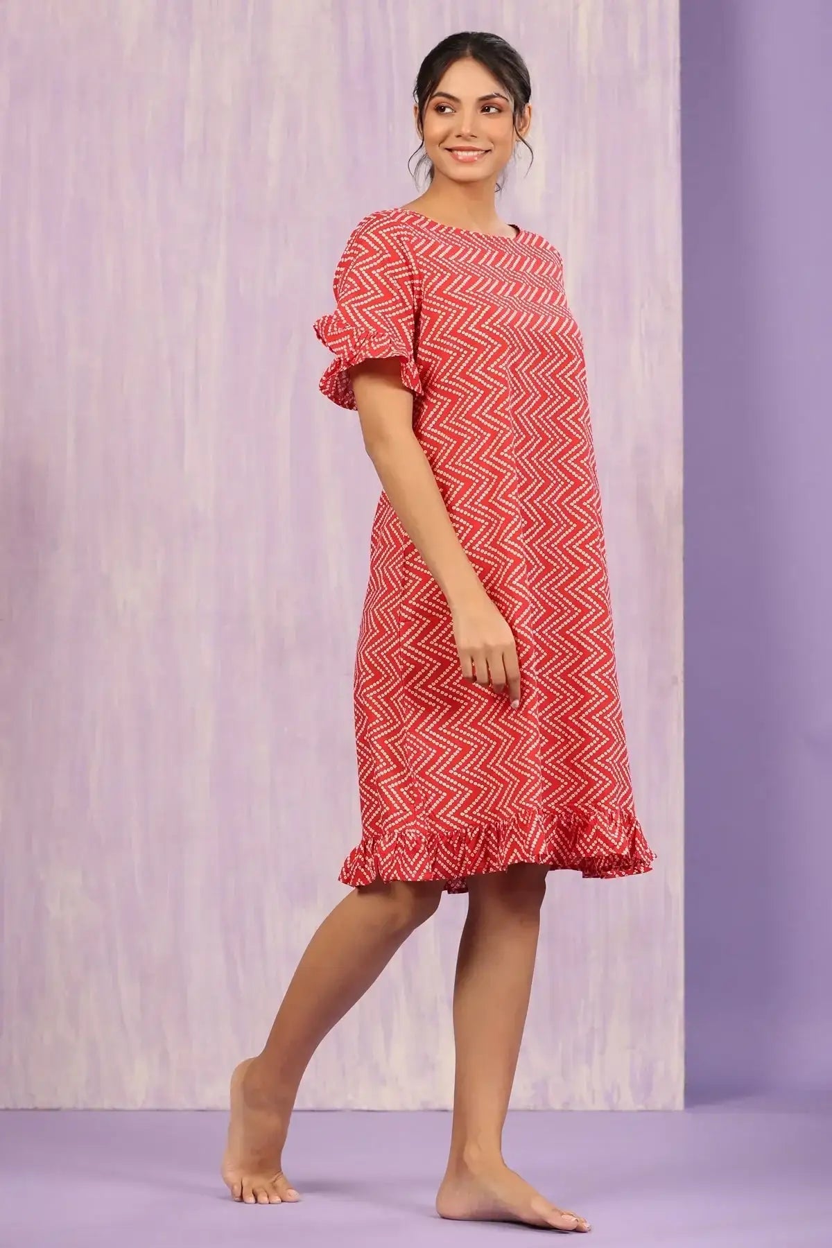 Patterned Bandhej on Red Cotton T-shirt Dress