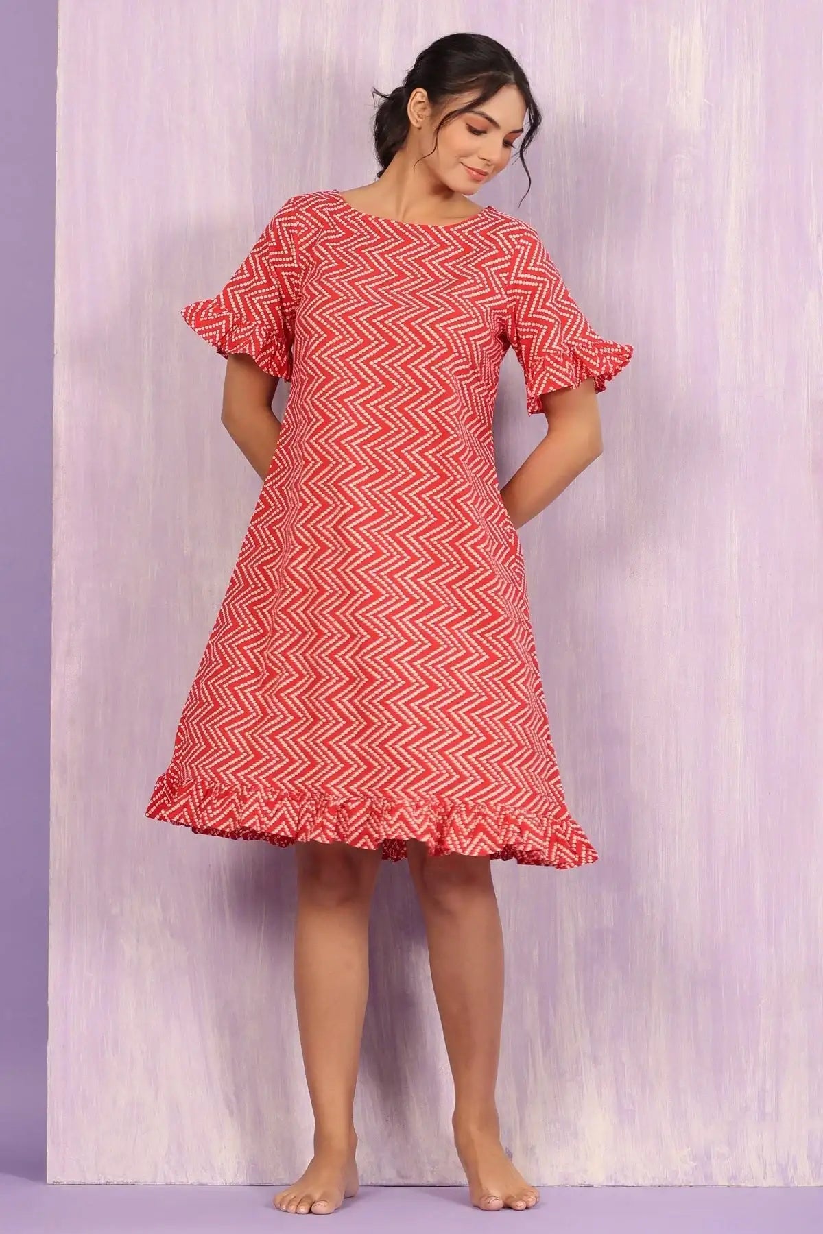 Patterned Bandhej on Red Cotton T-shirt Dress
