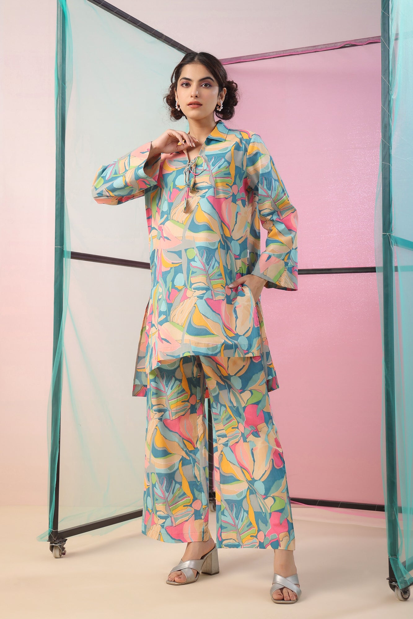 Abstract Art On Blue Cotton Palazzo Loungewear Set