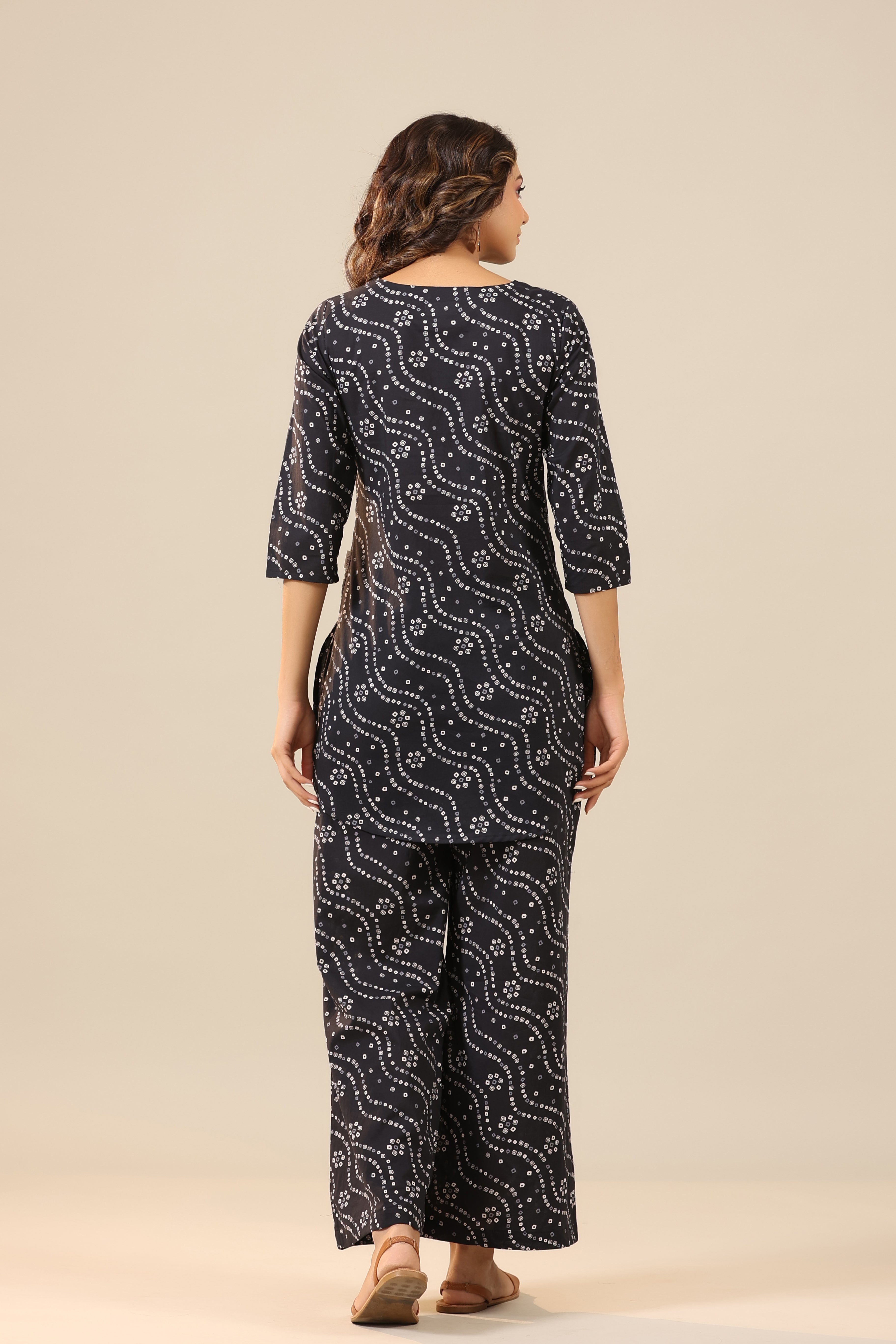 Patterned Bandhej on Black Cotton Palazzo Loungewear Set