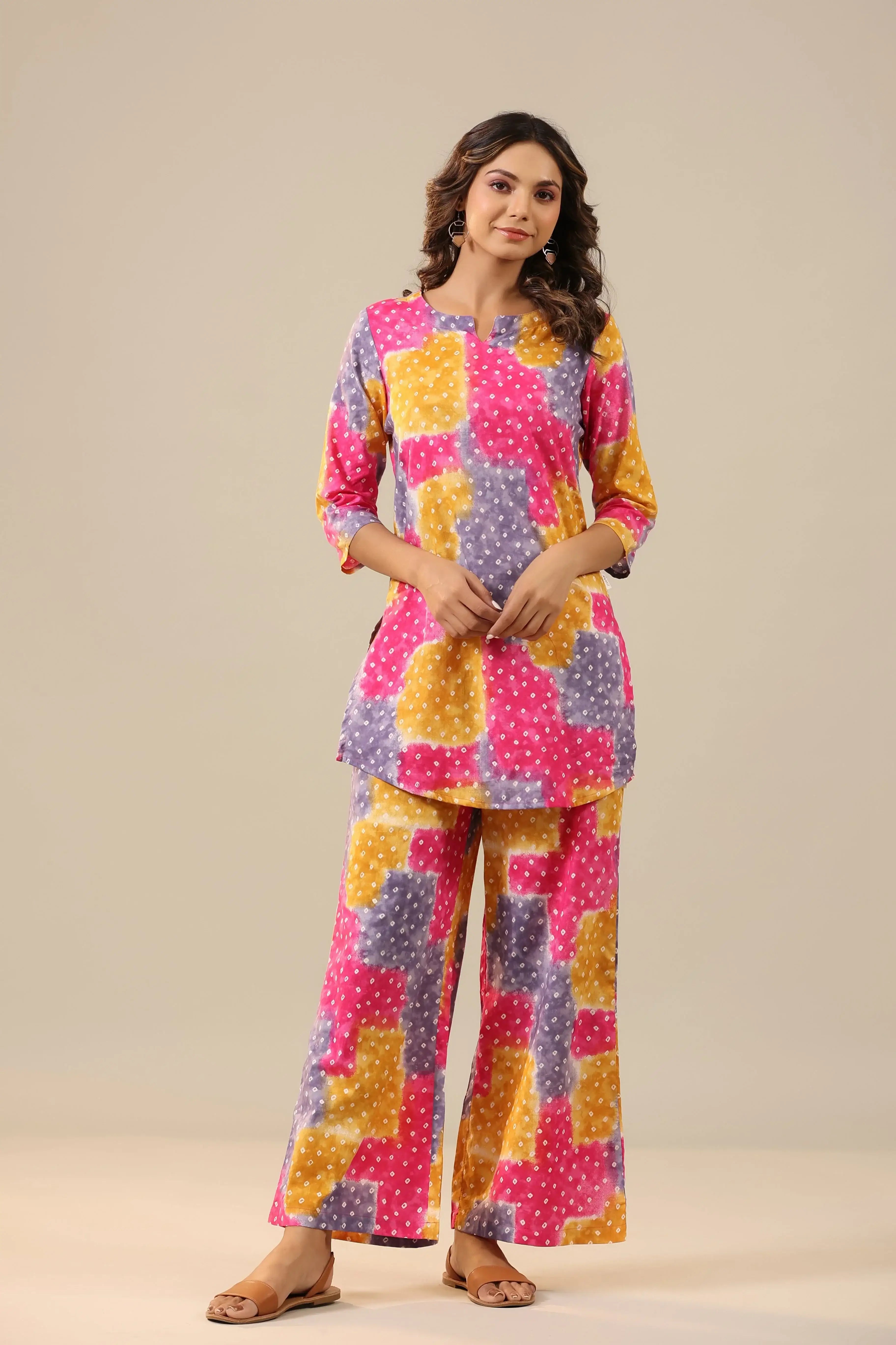 Multicoloured Bandhej on Cotton Palazzo Loungewear Set