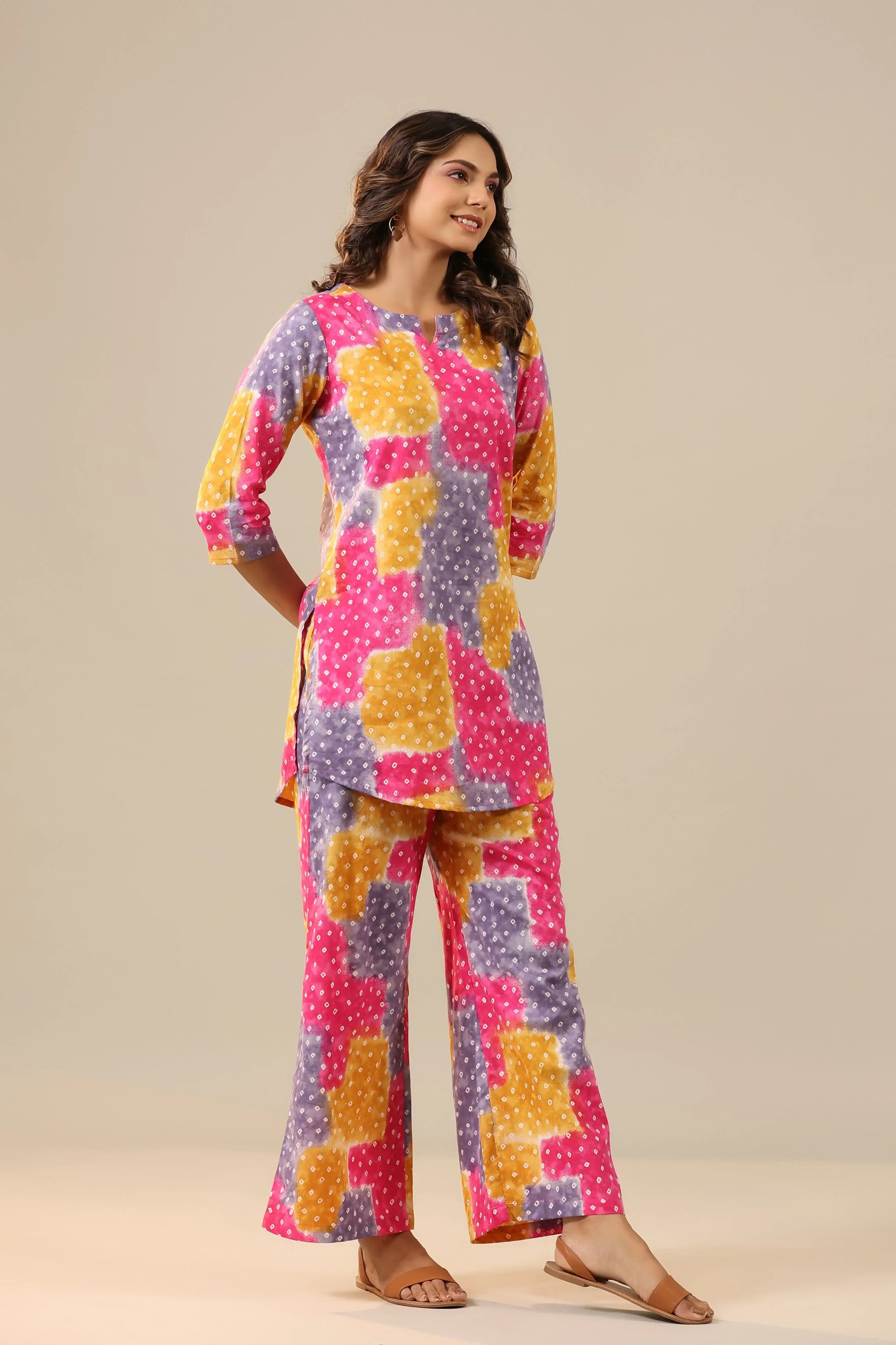 Multicoloured Bandhej on Cotton Palazzo Loungewear Set