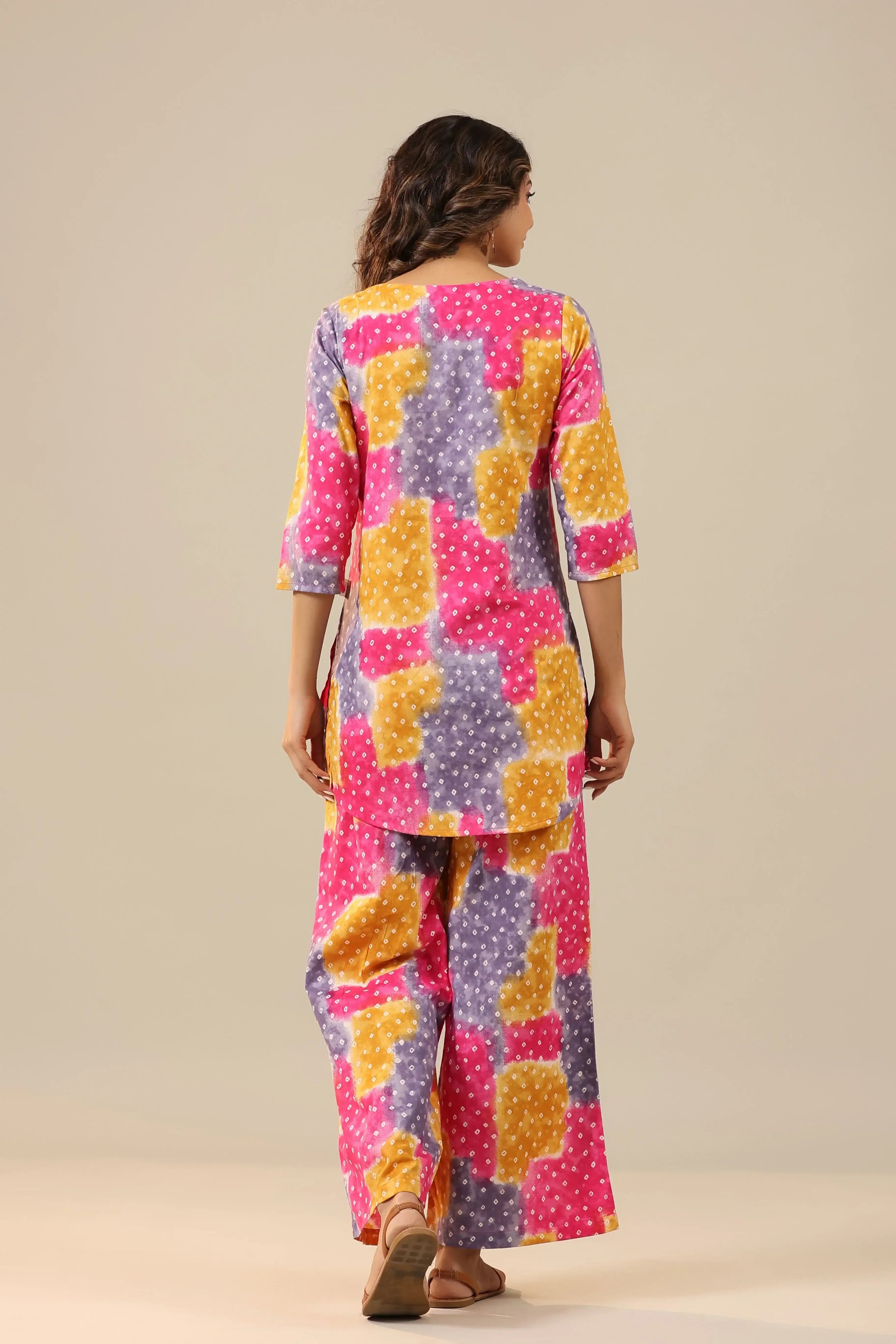 Multicoloured Bandhej on Cotton Palazzo Loungewear Set