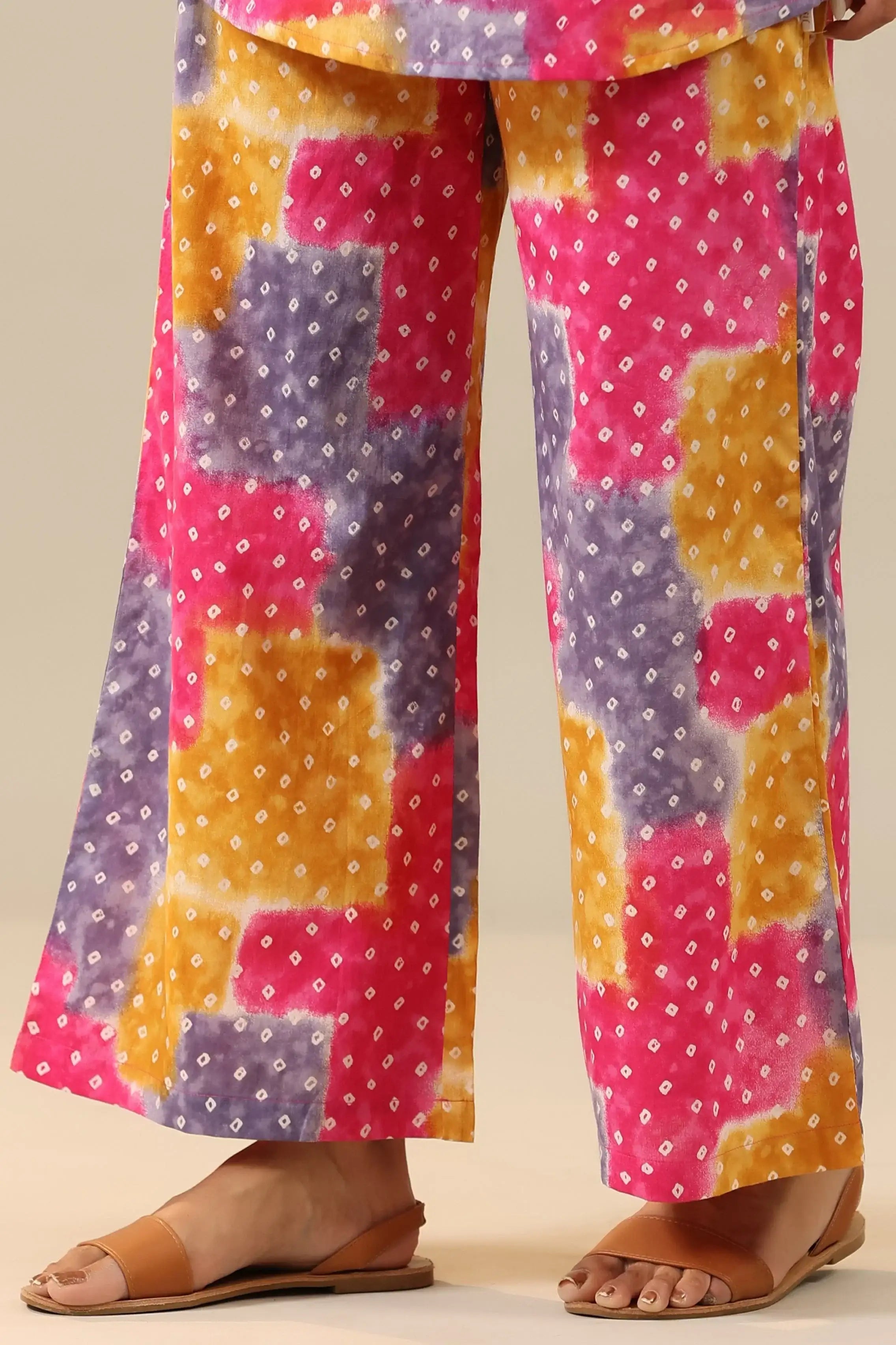 Multicoloured Bandhej on Cotton Palazzo Loungewear Set