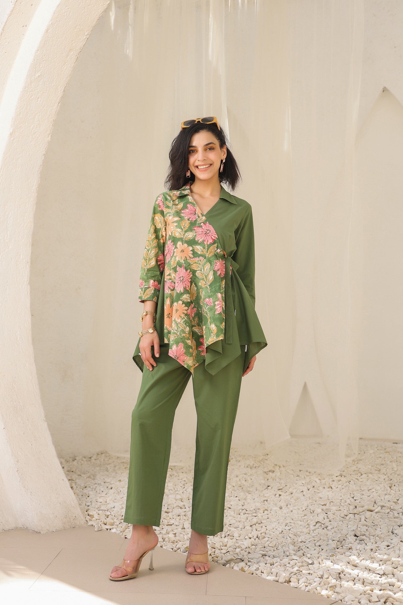 Colour Block Olive Green Cotton Flex Co-ord Set