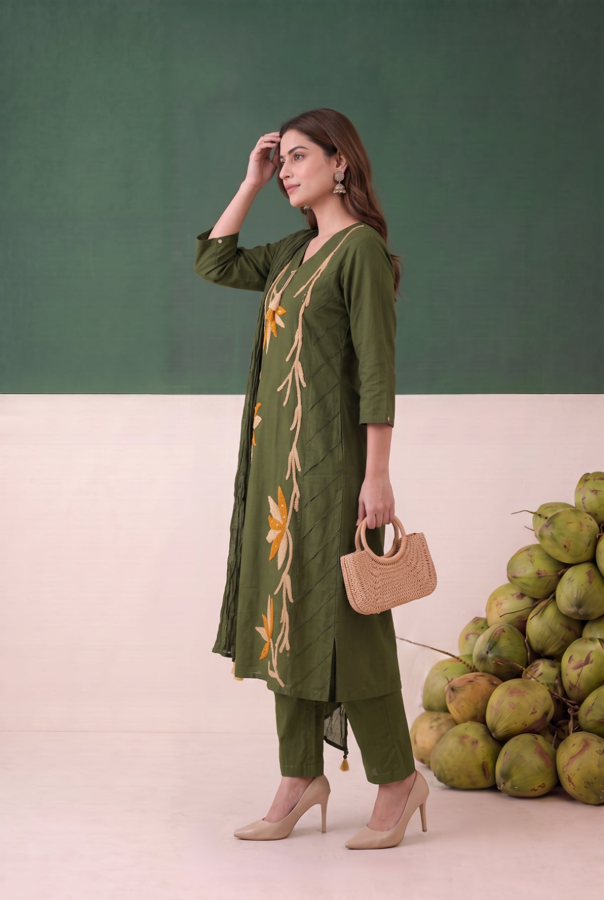 Green Floral Nature-Inspired Embroidered Cotton Kurta Set with Textured Dupatta