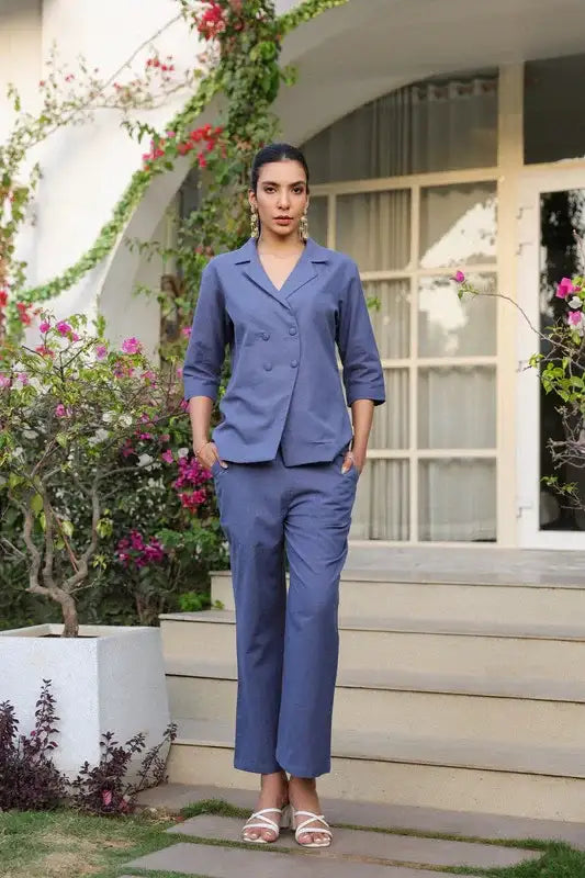 Ocean Blue Blazer Cotton Flex Co-ord Set