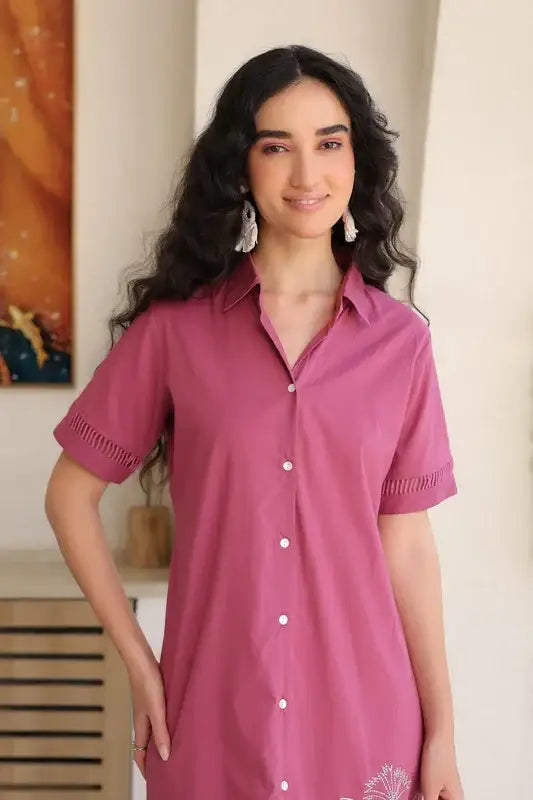 Dusky Flamingo Shirt Cotton Dress