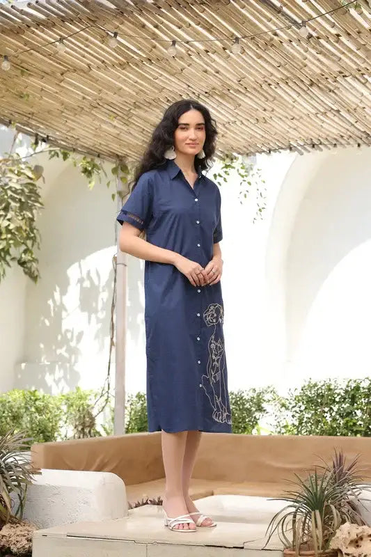 Navy Blue Safari Shirt Cotton Dress