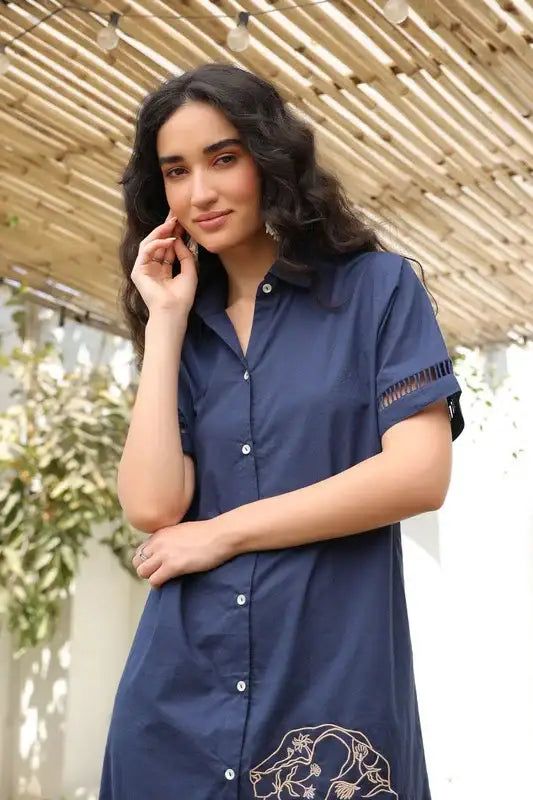 Navy Blue Safari Shirt Cotton Dress
