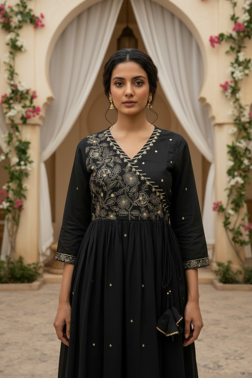 Black Embroidered Anarkali Kurta Pant Set with Dupatta