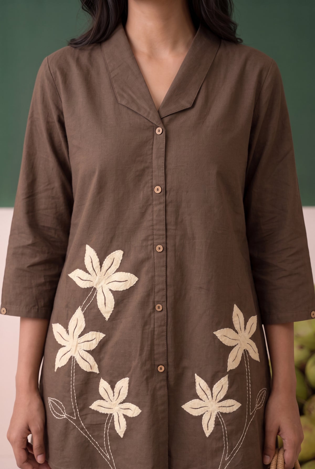 Brown Floral Embroidered Shirt Cotton Flex Co-ord Set