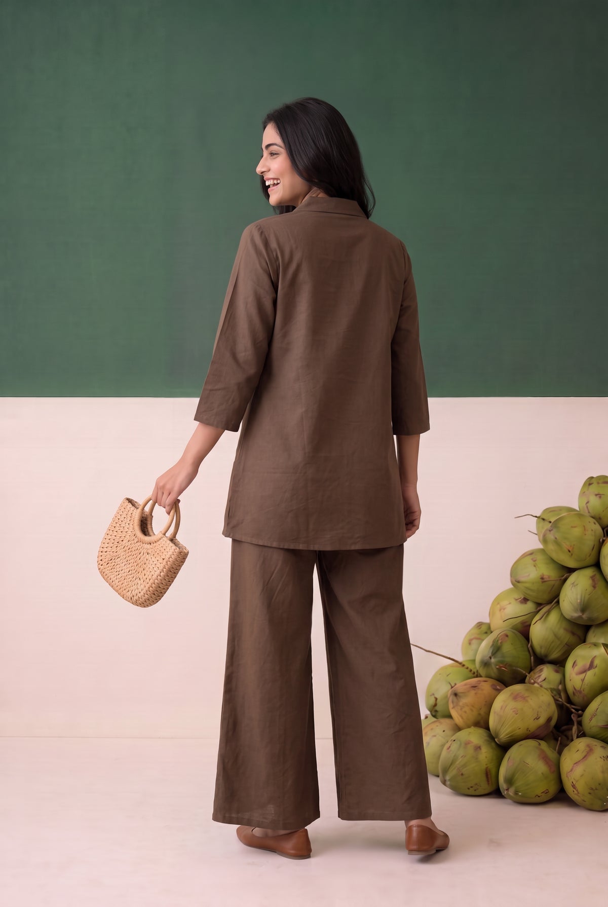 Brown Floral Embroidered Shirt Cotton Flex Co-ord Set